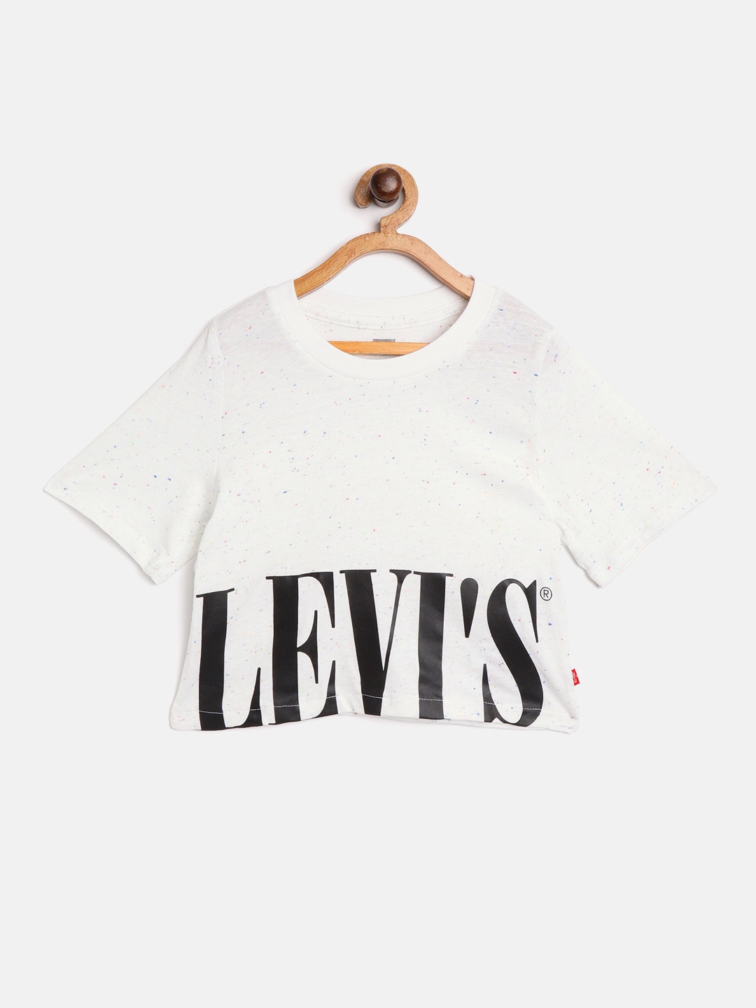 

Levis Girls Off-White & Black Brand Logo Printed Round Neck Crop T-shirt