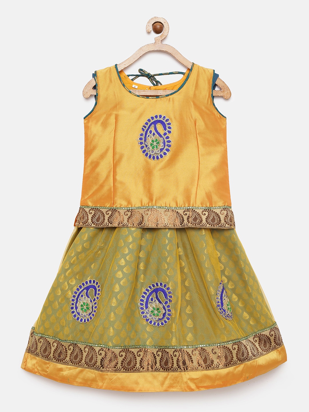 

Kanakadara Girls Yellow & Olive Green Artsilk Embroidered Pattu Pavadai Set