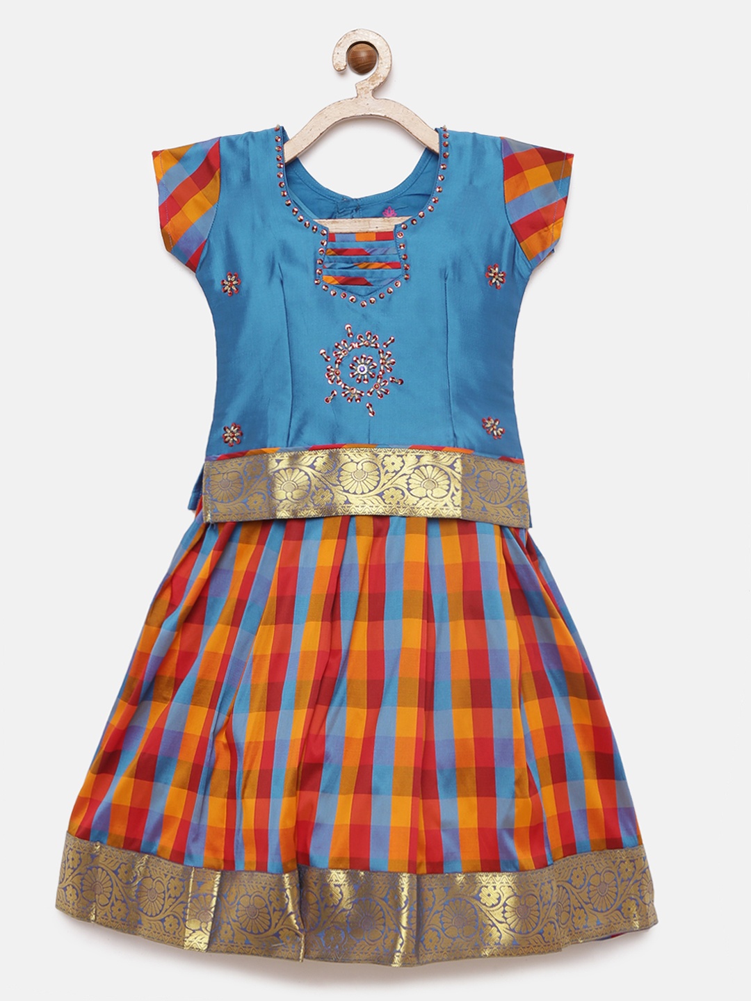 

Kanakadara Girls Blue Artsilk Ready to Wear Checked Embellished Pattu Pavadai