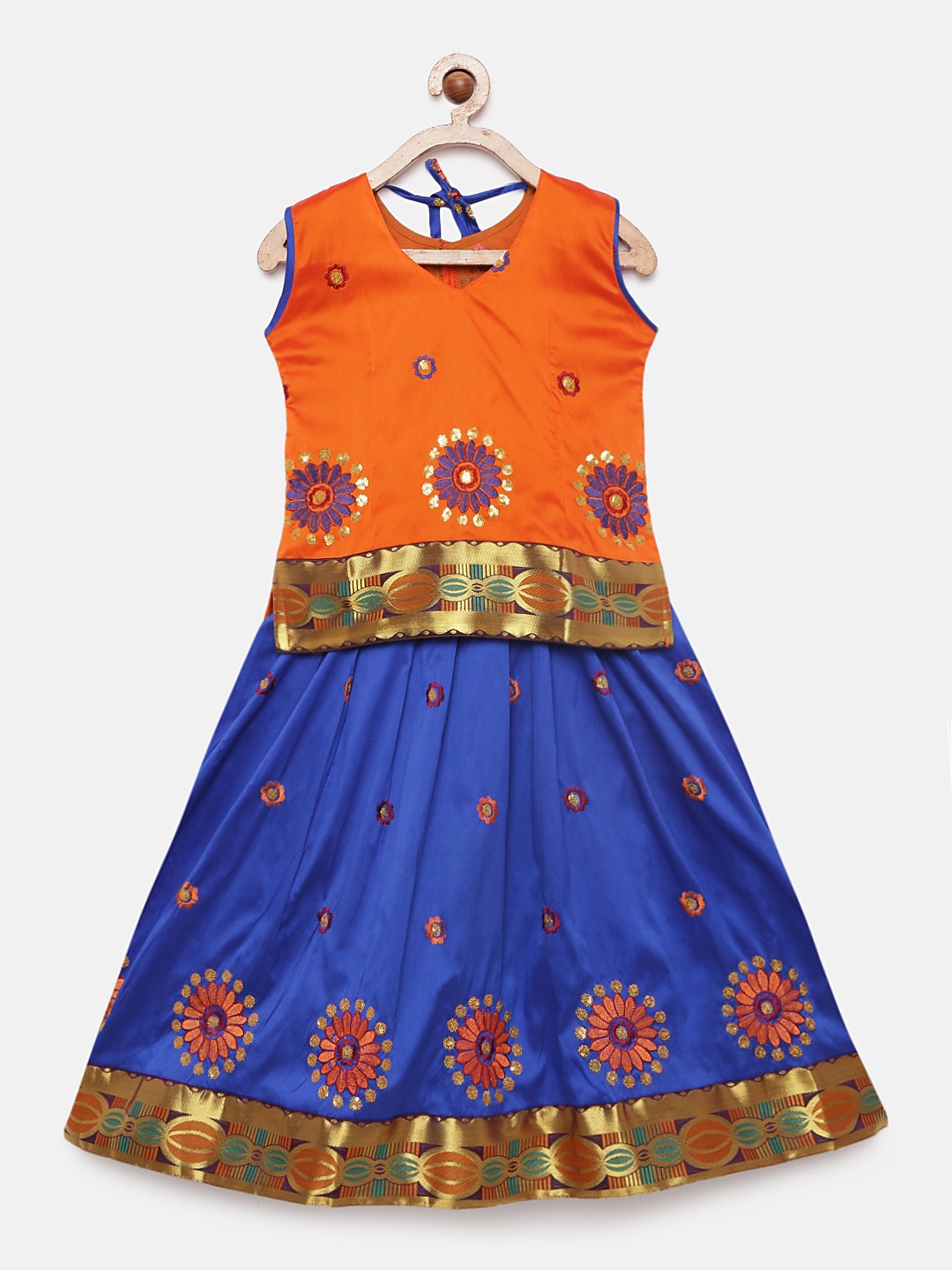 

Kanakadara Girls Orange & Blue Embroidered Artsilk Ready to Wear Pattu Pavadai Set