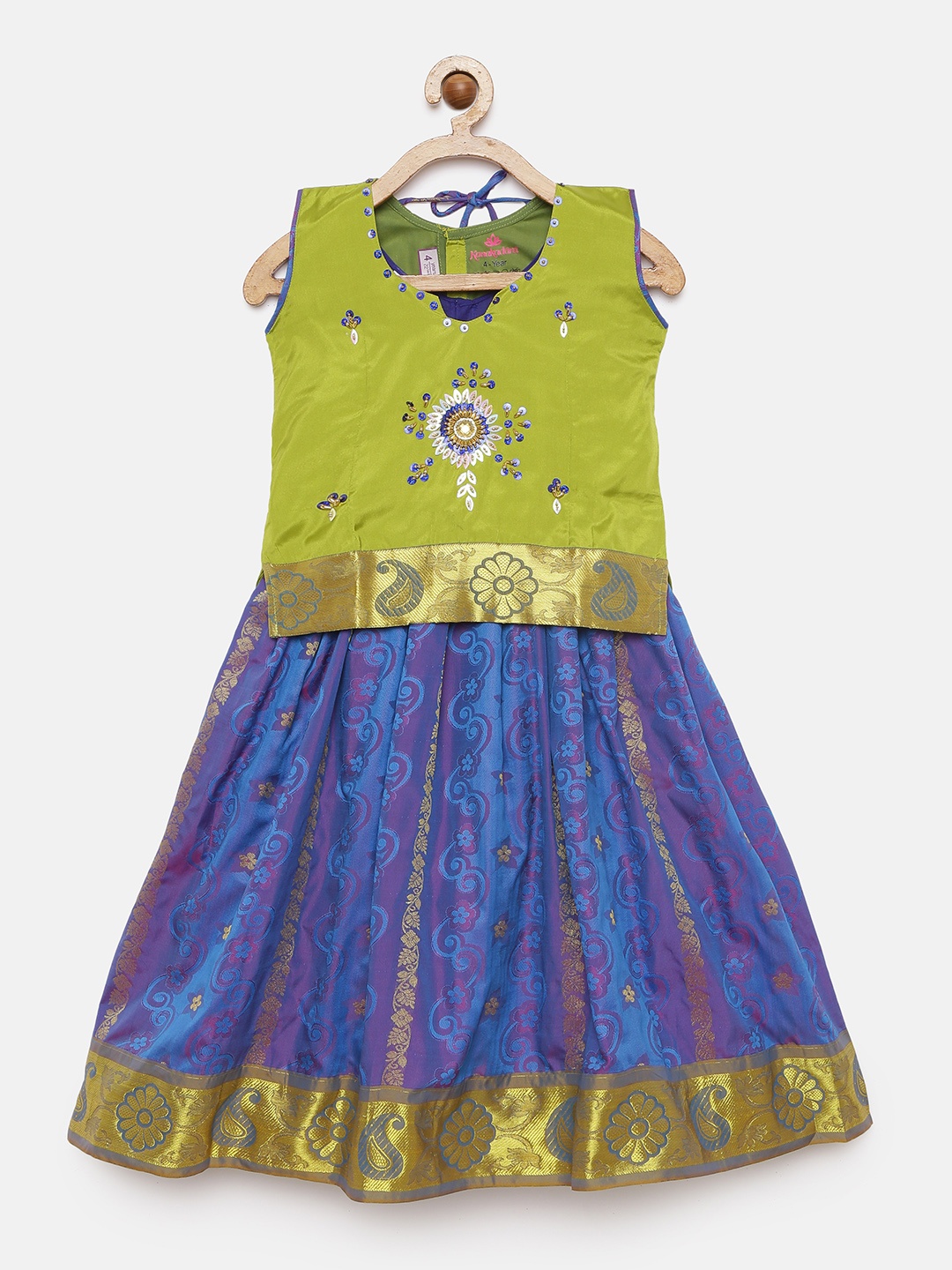 

Kanakadara Girls Olive Green & Blue Embellished Artsilk Ready to Wear Pattu Pavadai Set