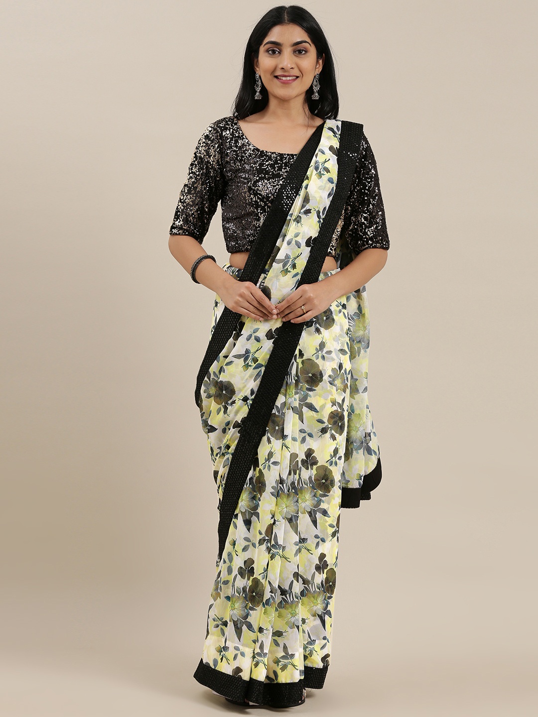 

Ethnovog Printed Saree With Stitched Blouse, Yellow