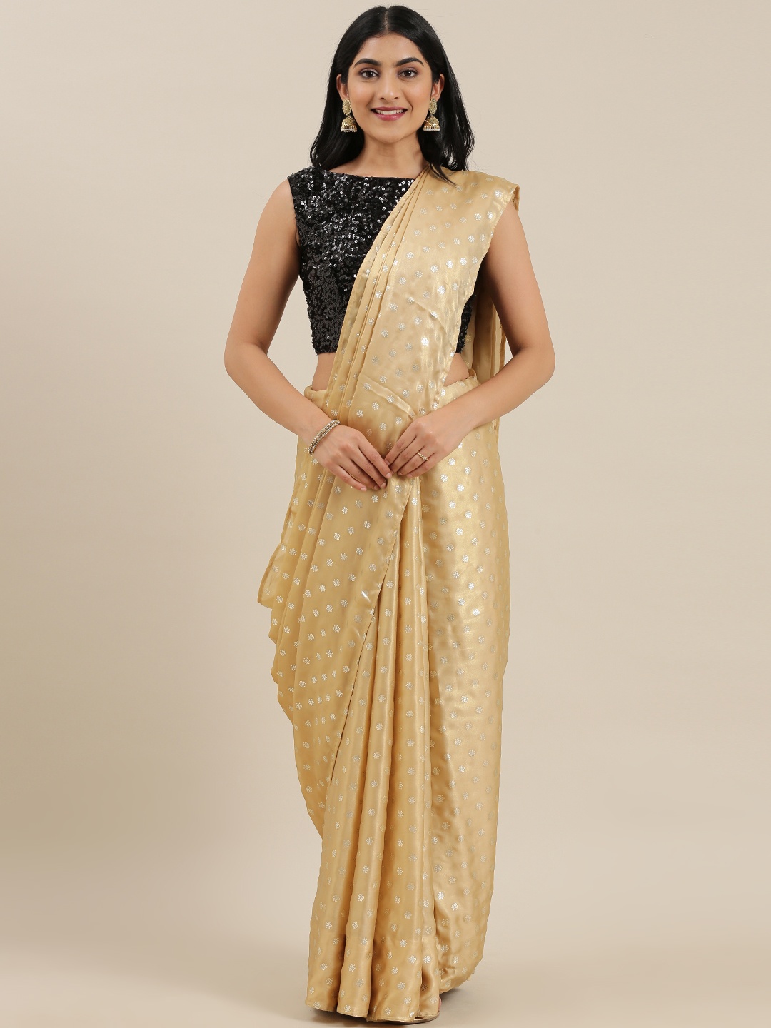 

Ethnovog Black Silver-Coloured Printed Made To Measure Saree