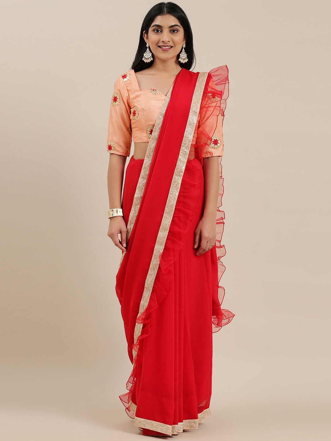 

Ethnovog Red Solid Ruffled Saree