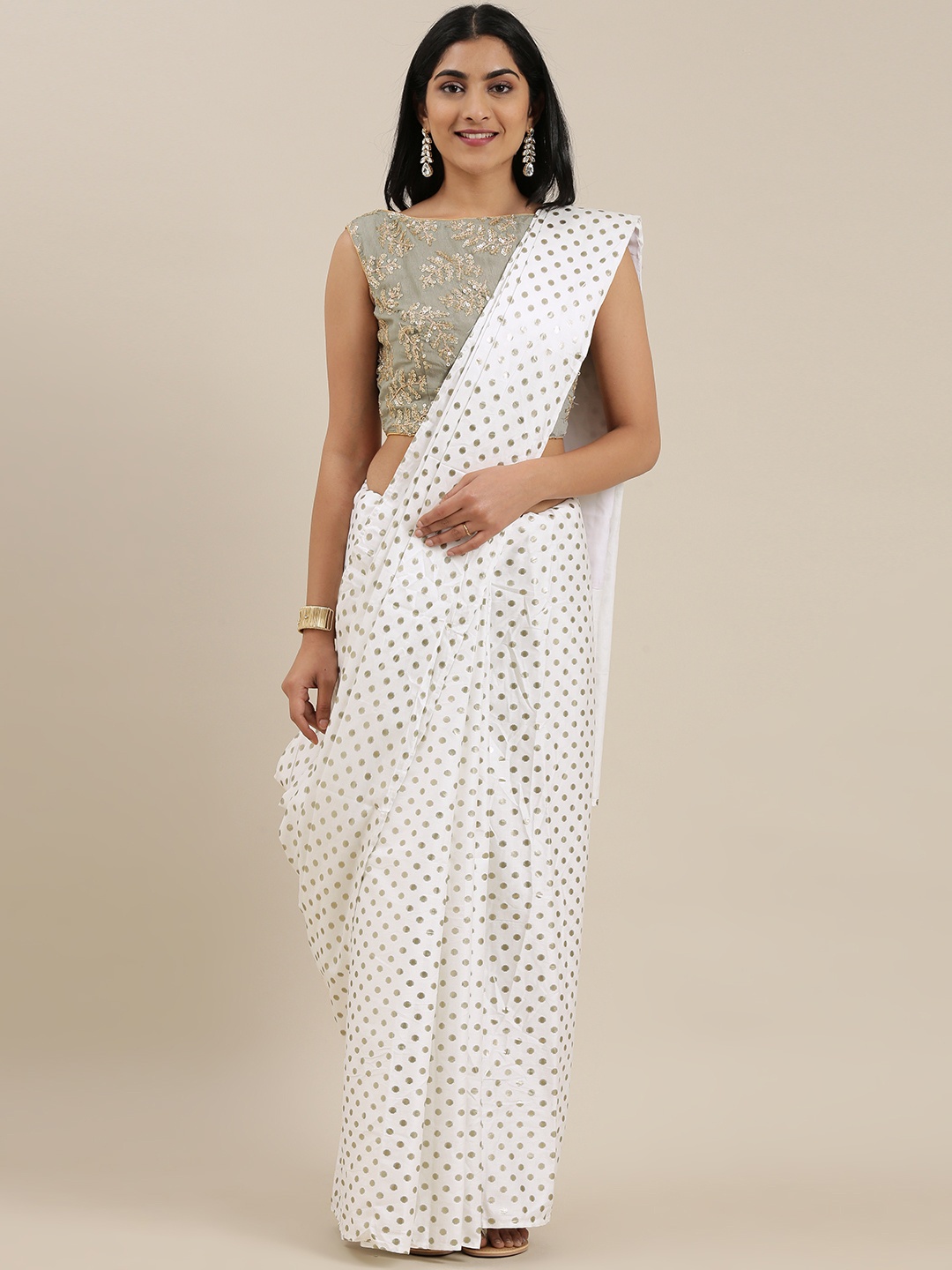 

Ethnovog White Golden Woven Design Made To Measure Saree