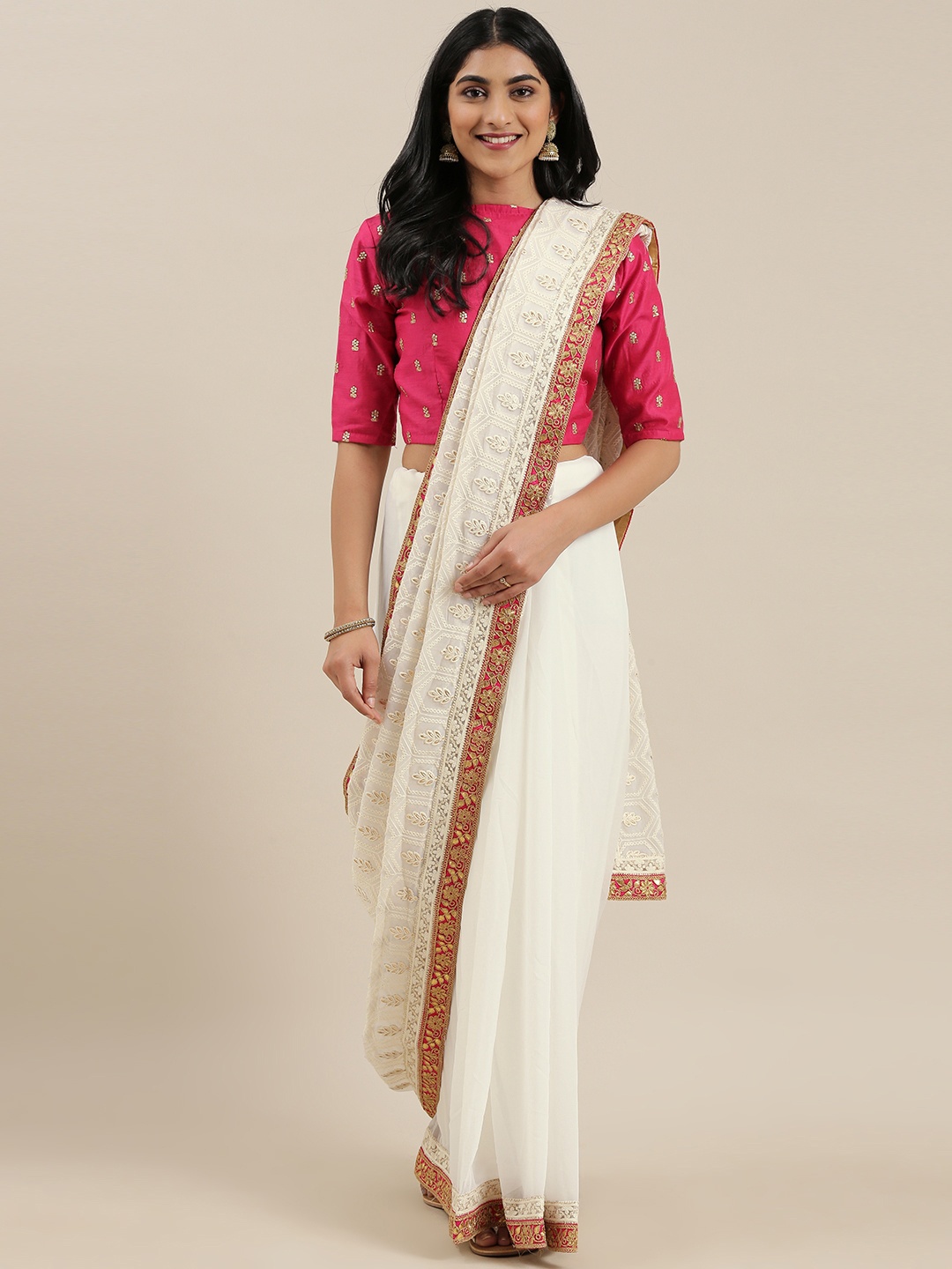 

Ethnovog Embroidered Saree With Stitched Blouse, White