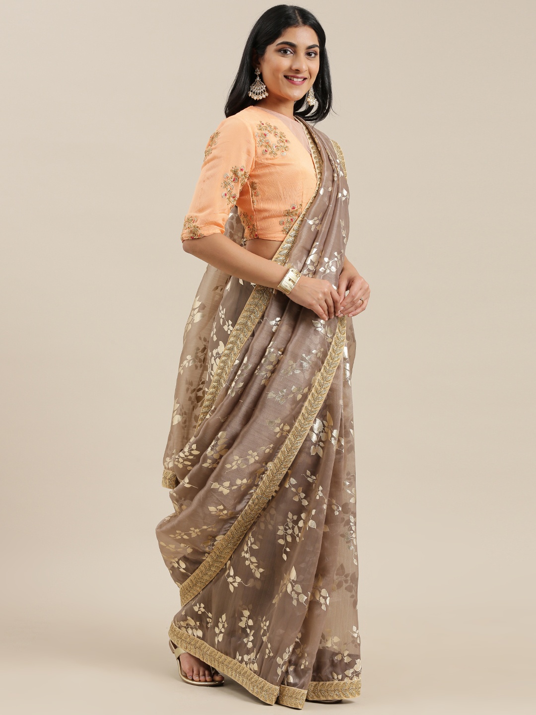 

Ethnovog Beige Printed Organza Saree