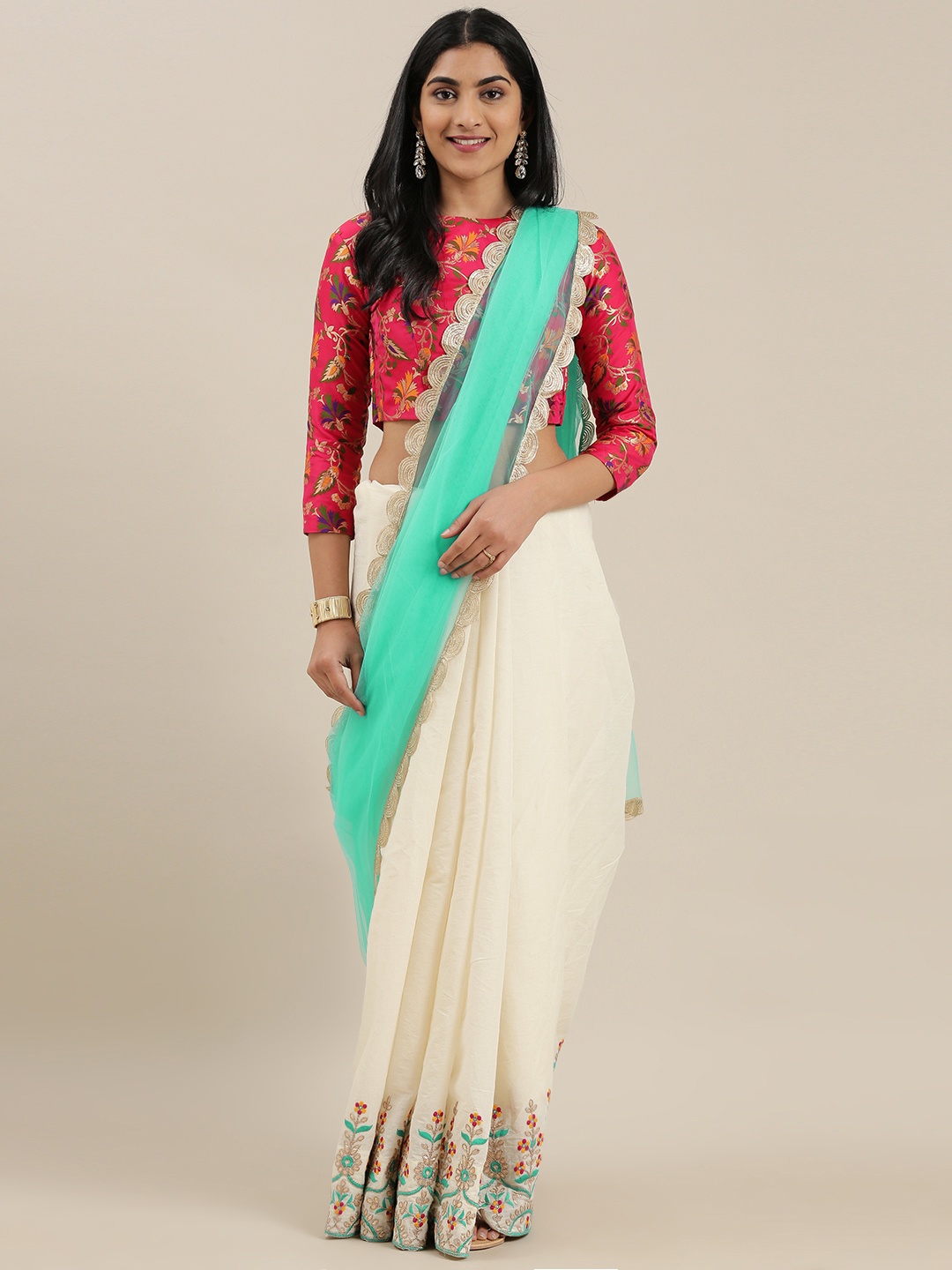 

Ethnovog Off-White Turquoise Blue Embroidered Made To Measure Half and Half Saree