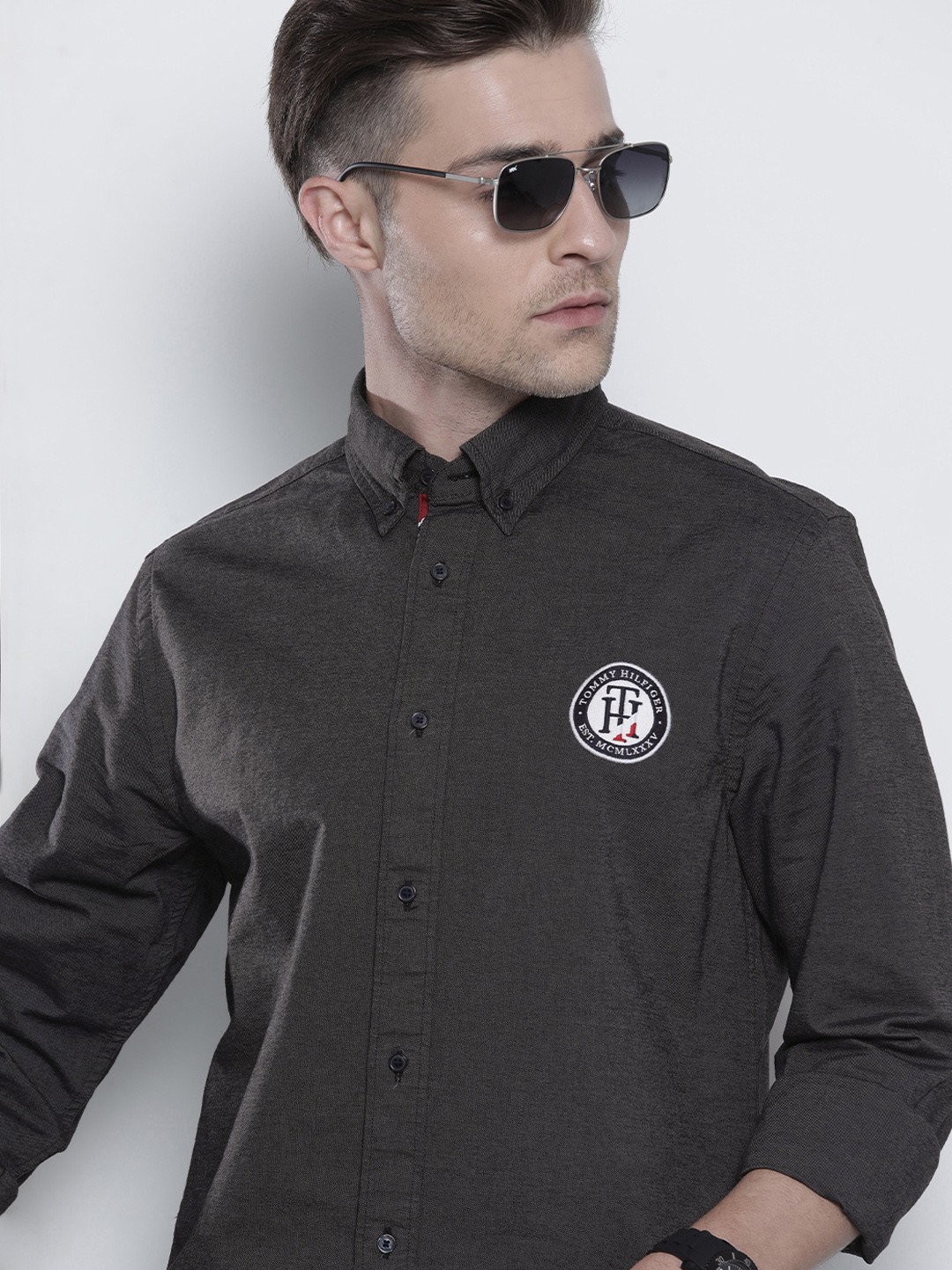 

Tommy Hilfiger Men Black Brand Logo Printed Applique Pure Cotton Casual Shirt