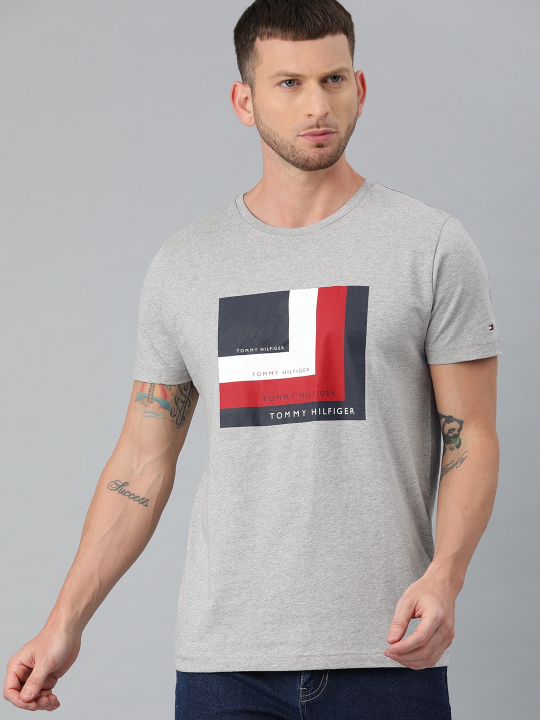 

Tommy Hilfiger Men Grey Melange Printed Round Neck Pure Cotton T-shirt