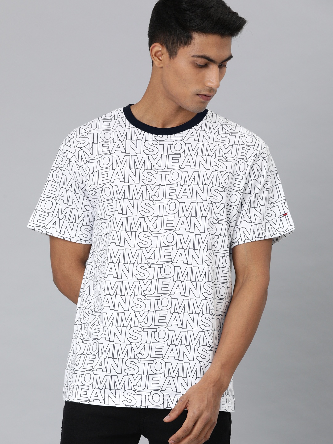 

Tommy Hilfiger Men White Black Printed Round Neck Pure Cotton T-shirt