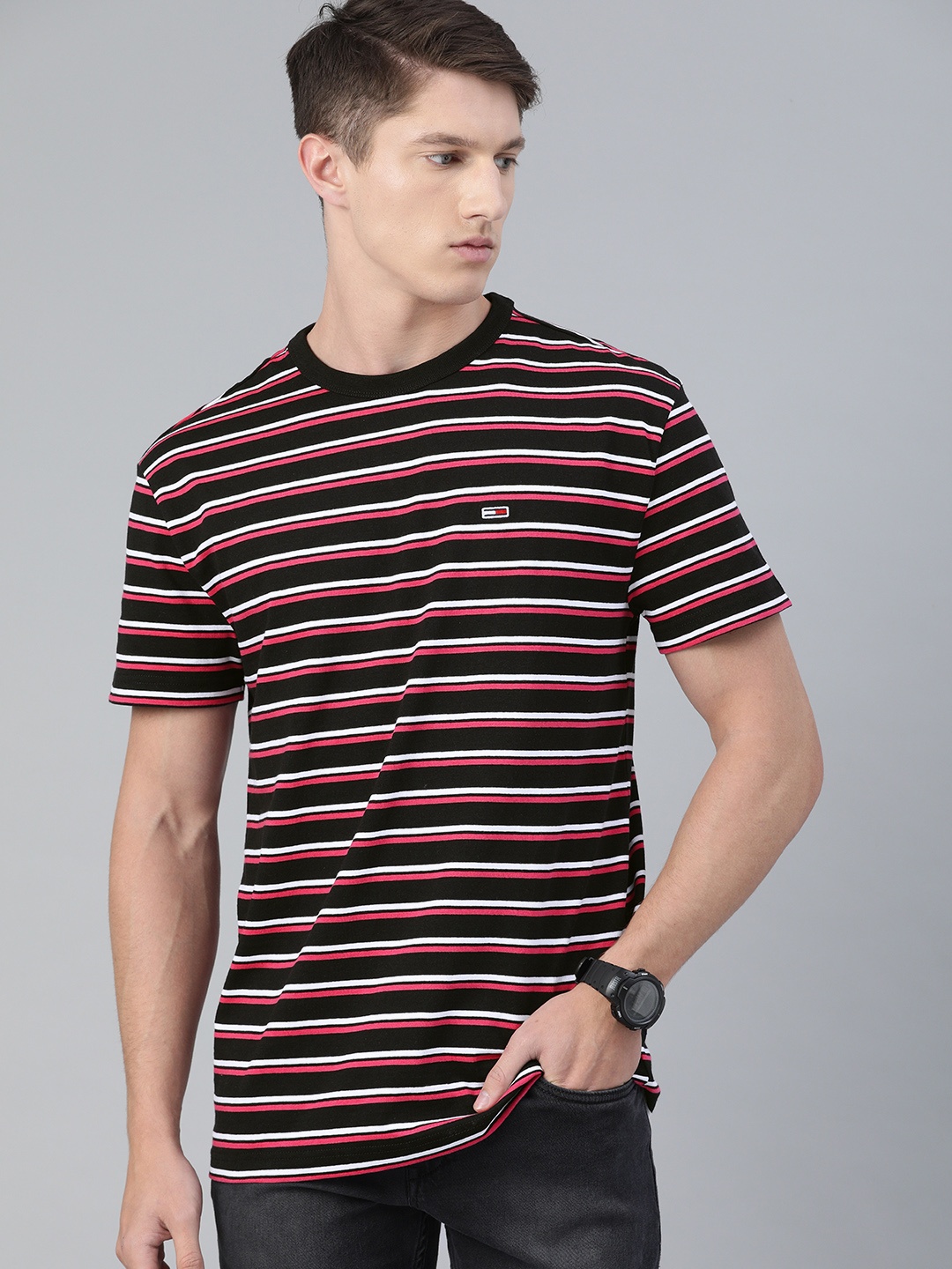 

Tommy Hilfiger Men Black Pink Striped Round Neck Organic Cotton T-shirt
