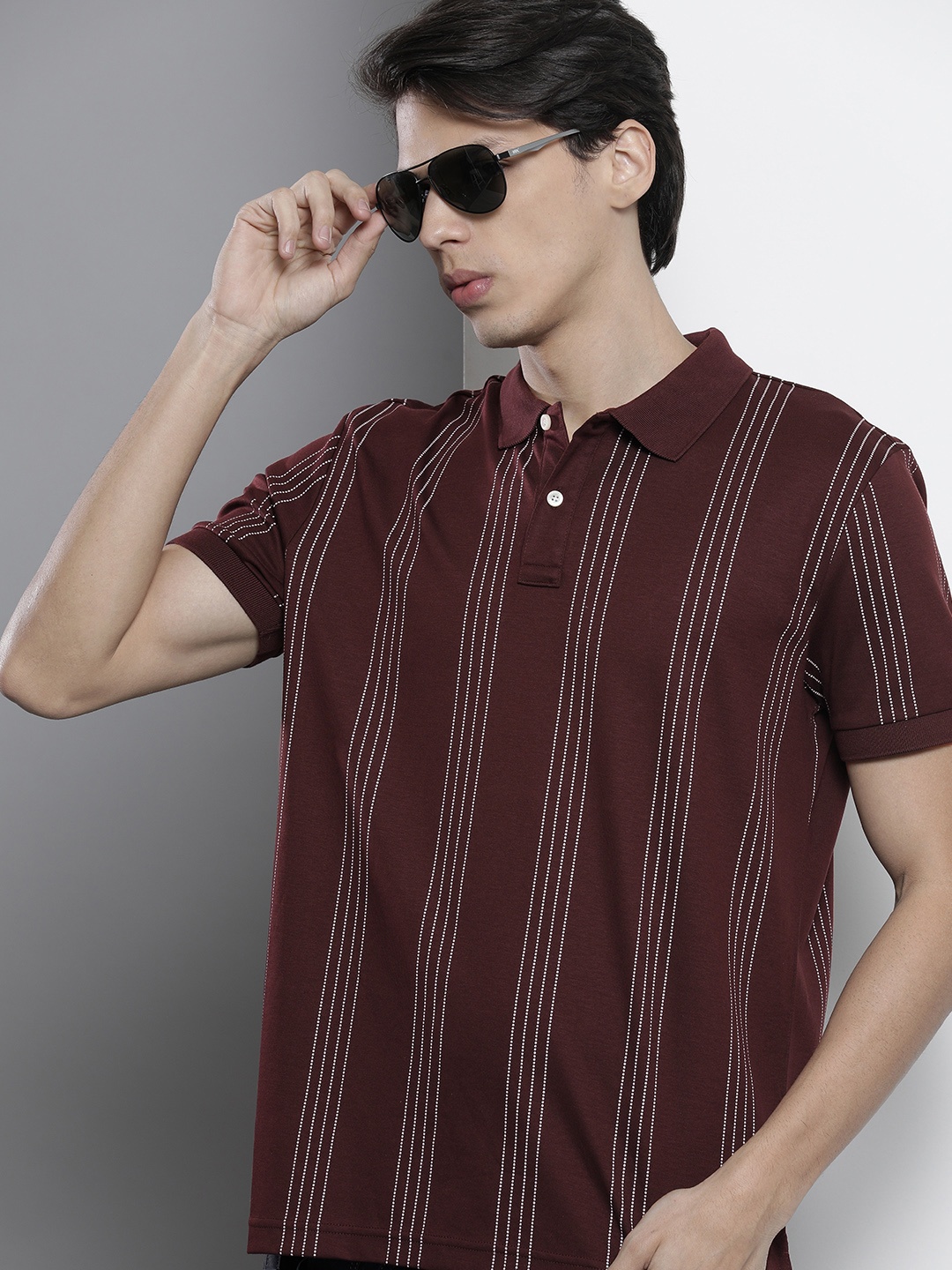 

Tommy Hilfiger Men Burgundy White Striped Polo Collar Pure Cotton T-shirt