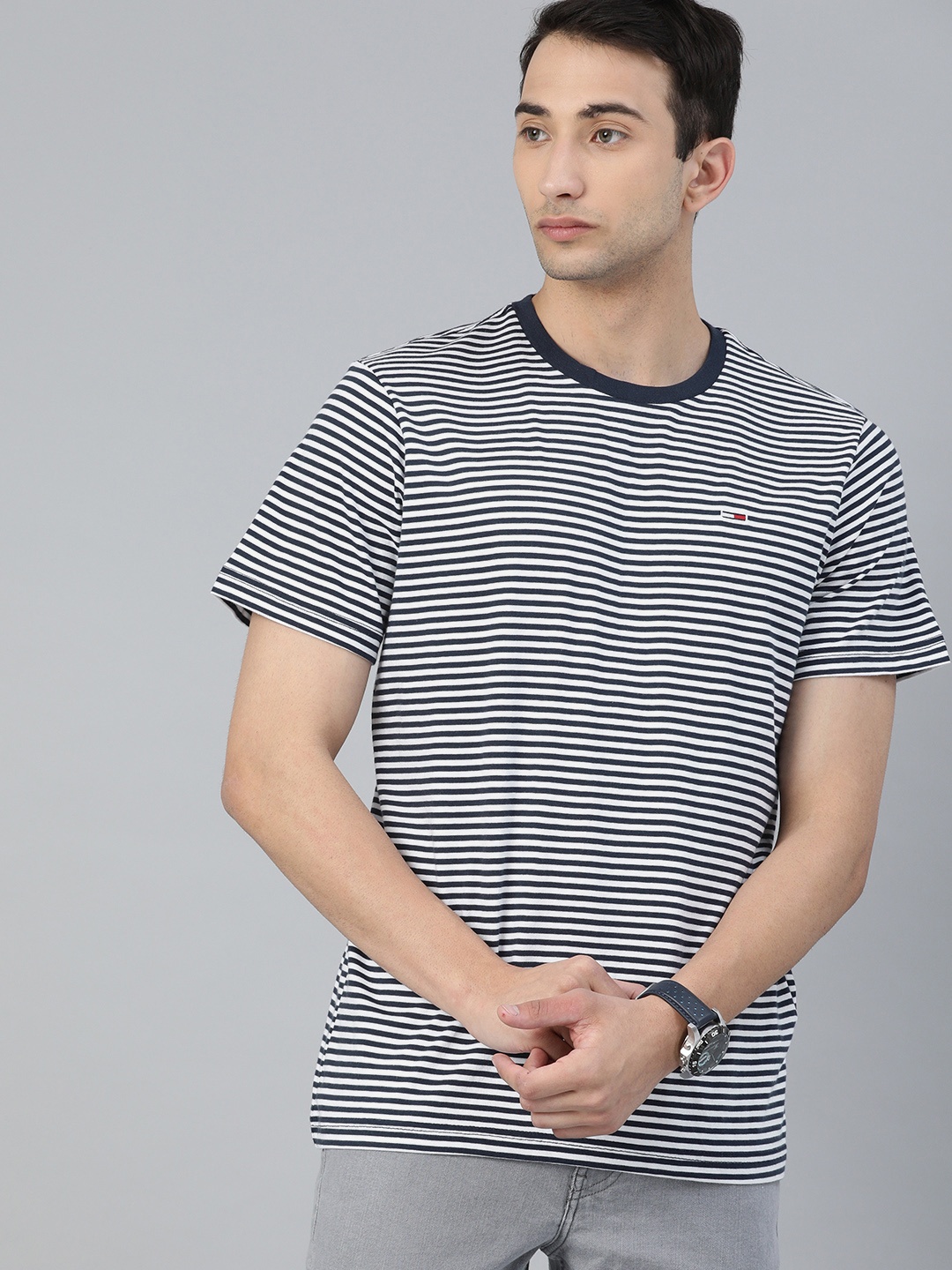 

Tommy Hilfiger Men Navy Blue Striped Round Neck Pure Cotton T-shirt