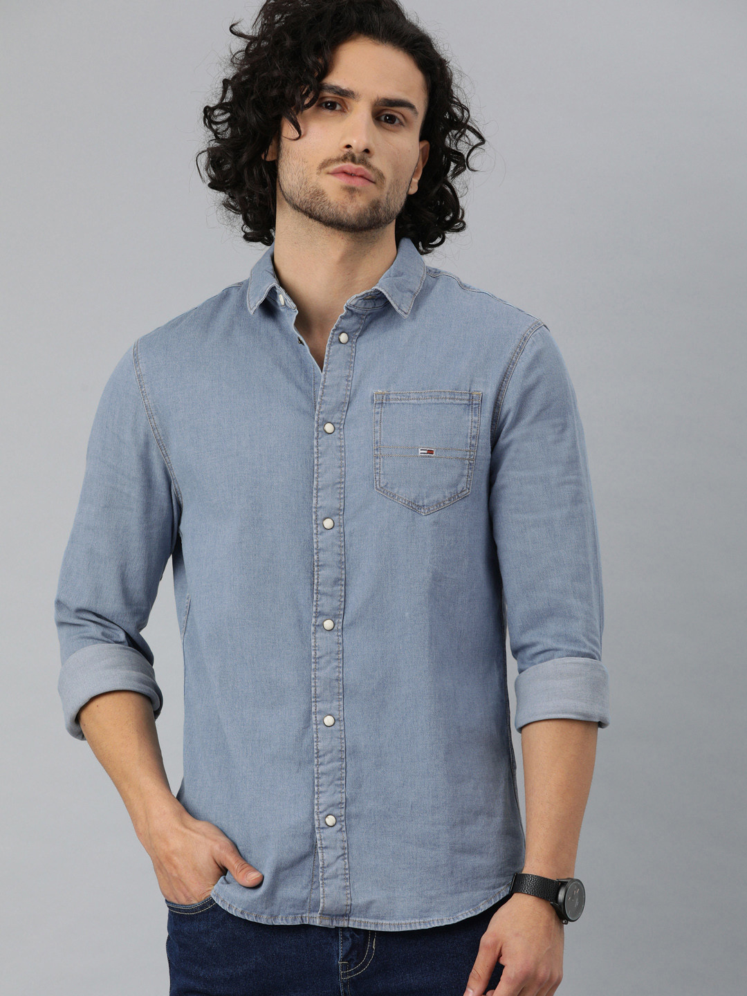 

Tommy Hilfiger Men Blue Slim Fit Printed Casual Denim Shirt