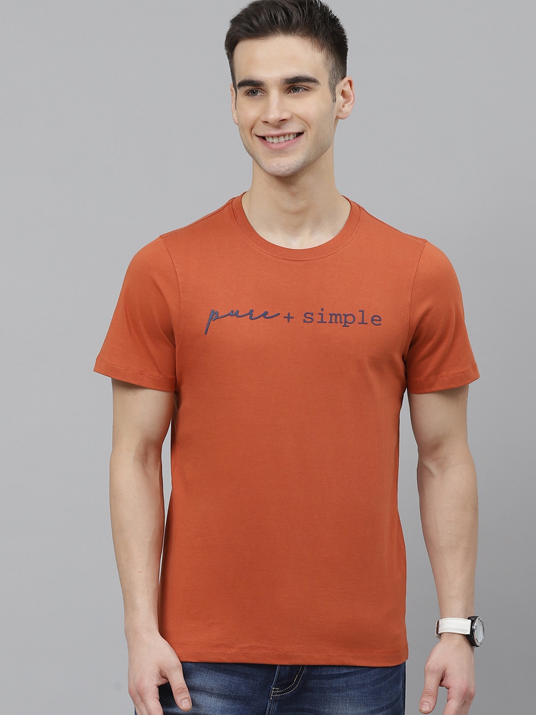 

Mast & Harbour Men Rust Orange Cotton Printed Detail Round Neck T-shirt