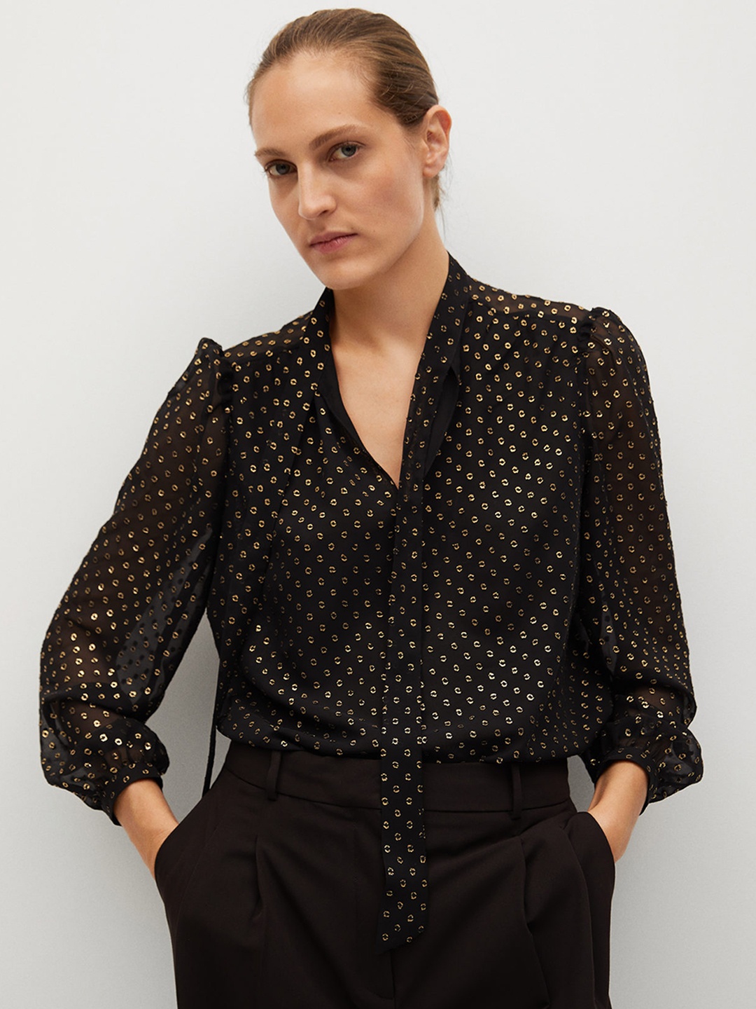 

MANGO Women Black & Golden Self Design Top