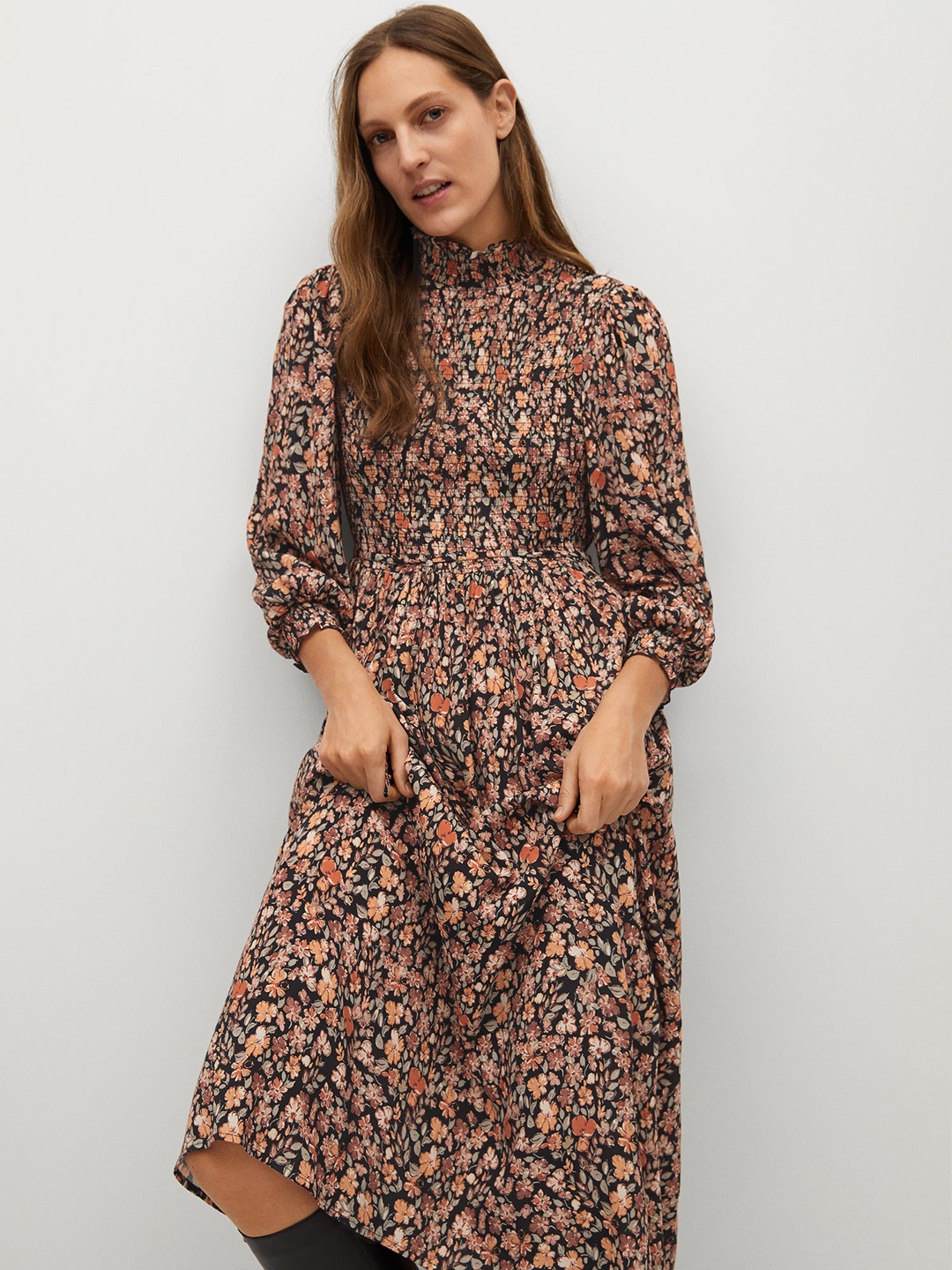 

MANGO Women Black & Orange Sustainable Floral Print Smocked A-Line Dress
