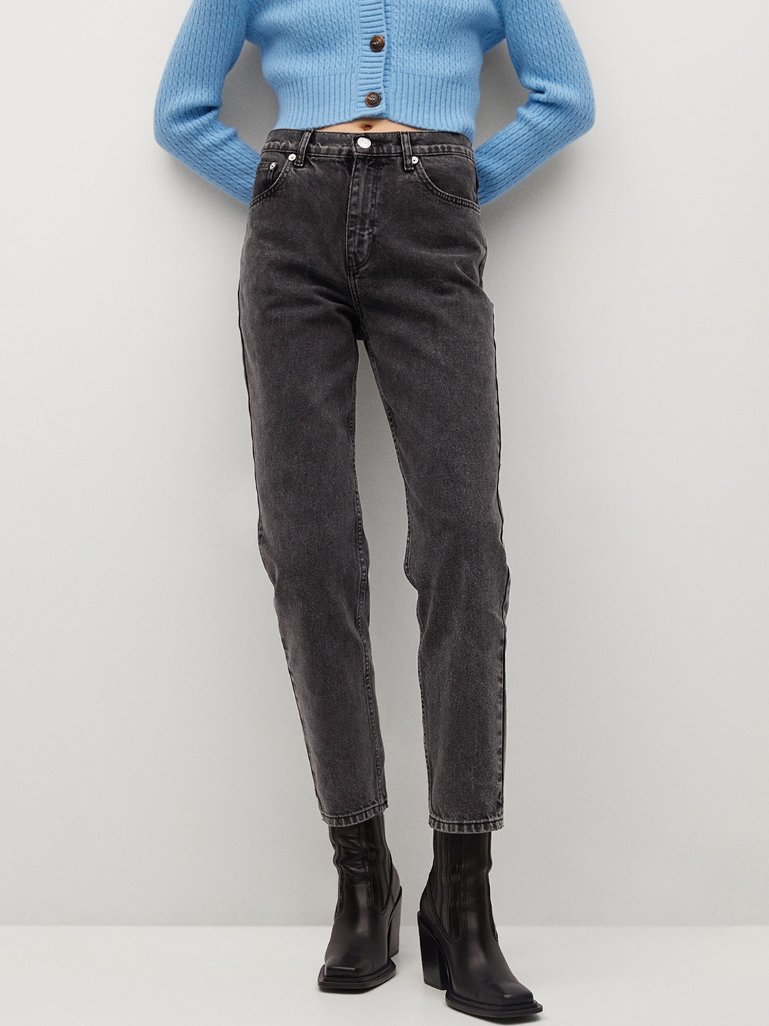 

MANGO Women Black Mom Regular Fit Mid-Rise Sustainable Clean Look Cropped Jeans