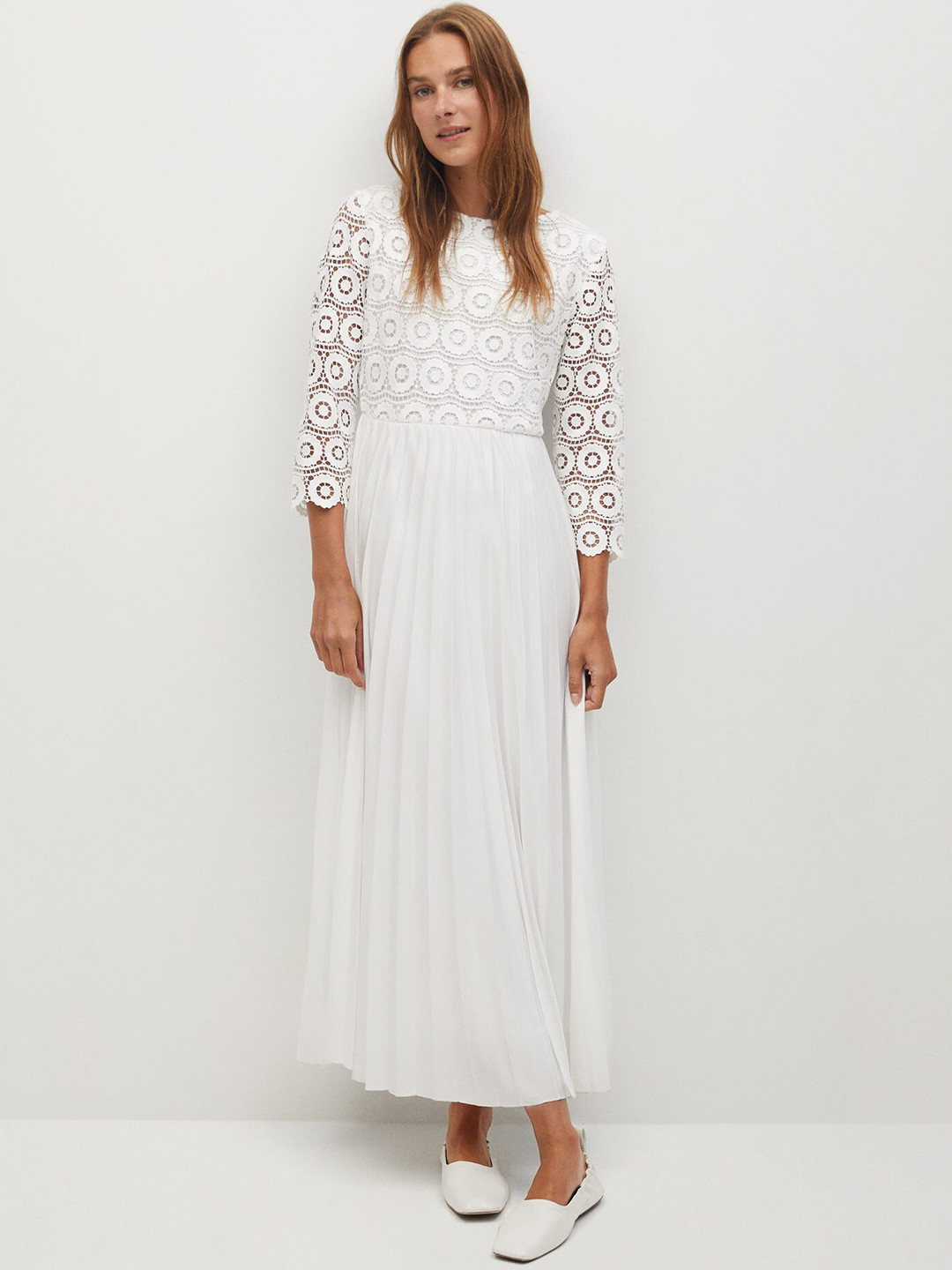 

MANGO Women White Lace Detail Accordian Pleated Maxi Dress