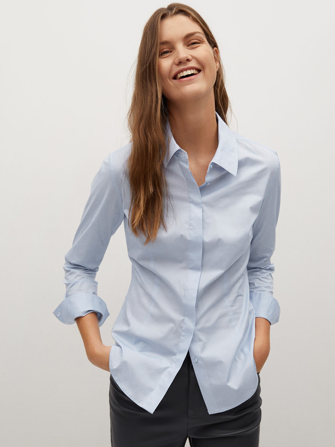 

MANGO Women Blue Slim Fit Solid Smart Casual Shirt