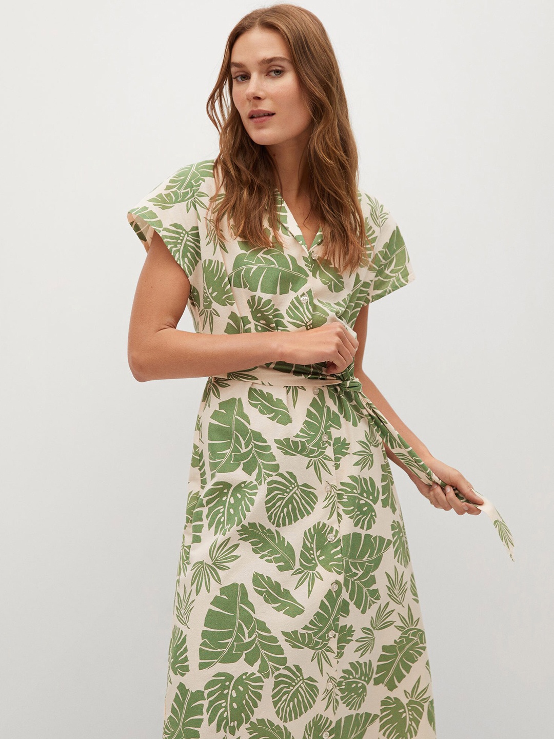 

MANGO Women Off-White & Green Pure Cotton Tropical Print Shirt Dress