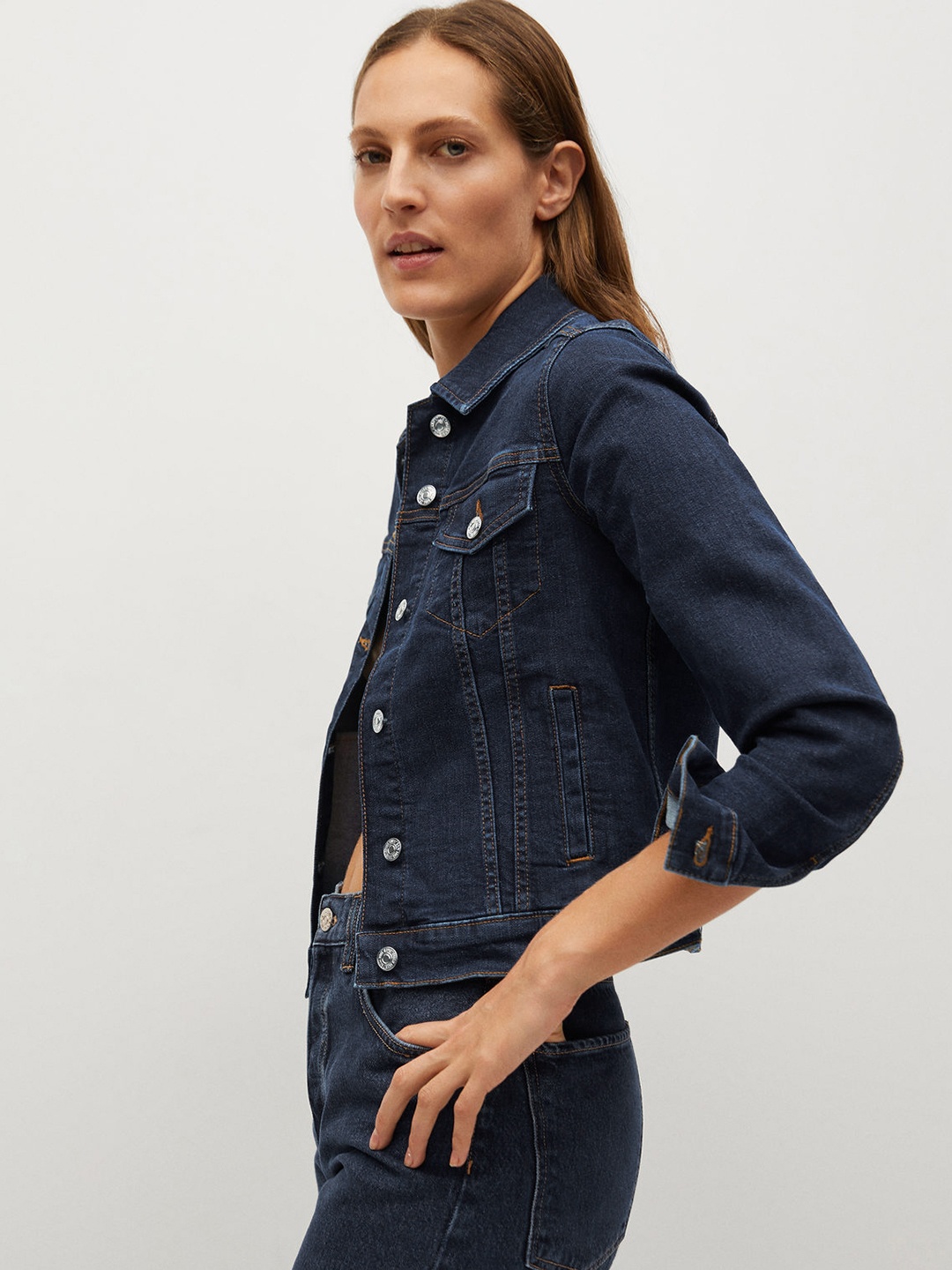 

MANGO Women Navy Blue Pure Cotton Solid Sustainable Denim Jacket