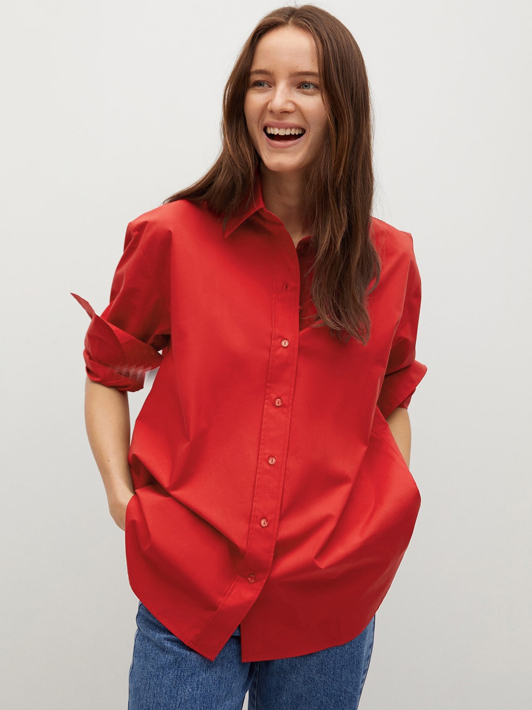 

MANGO Women Red Pure Cotton Regular Fit Solid Casual Shirt