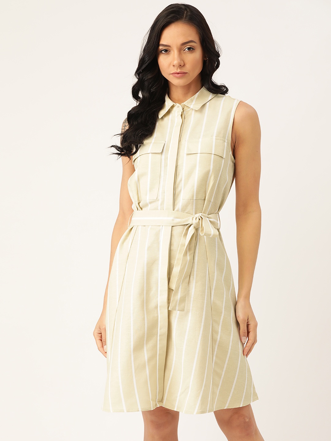 

MANGO Women Sustainable Beige & Off-White Striped Shirt Dress