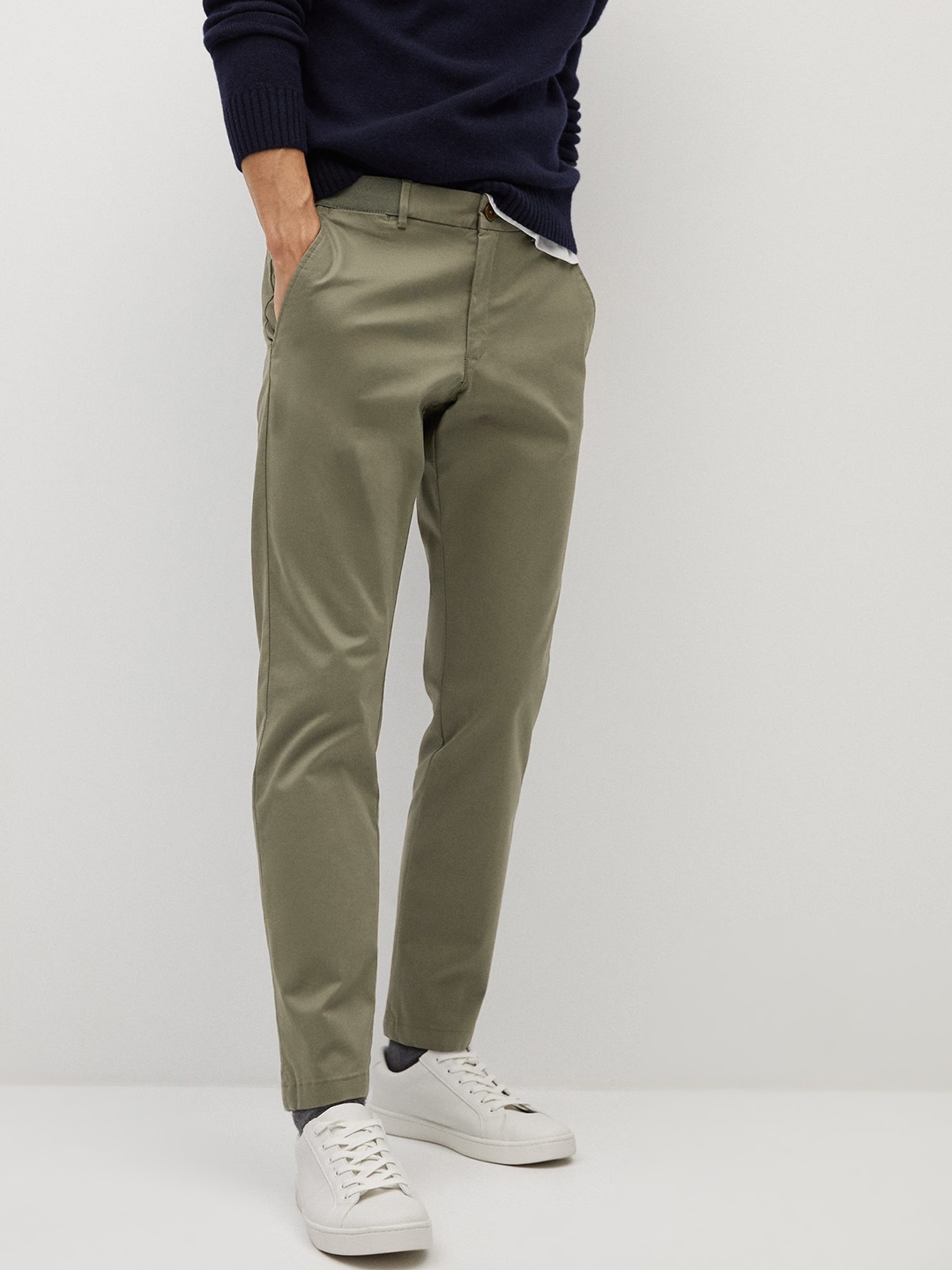 

MANGO MAN Sustainable Olive Green Tapered Fit Cropped Solid Chinos