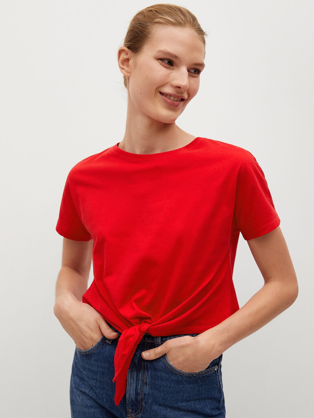 

MANGO Women Red Organic Cotton Solid Front Knot T-shirt