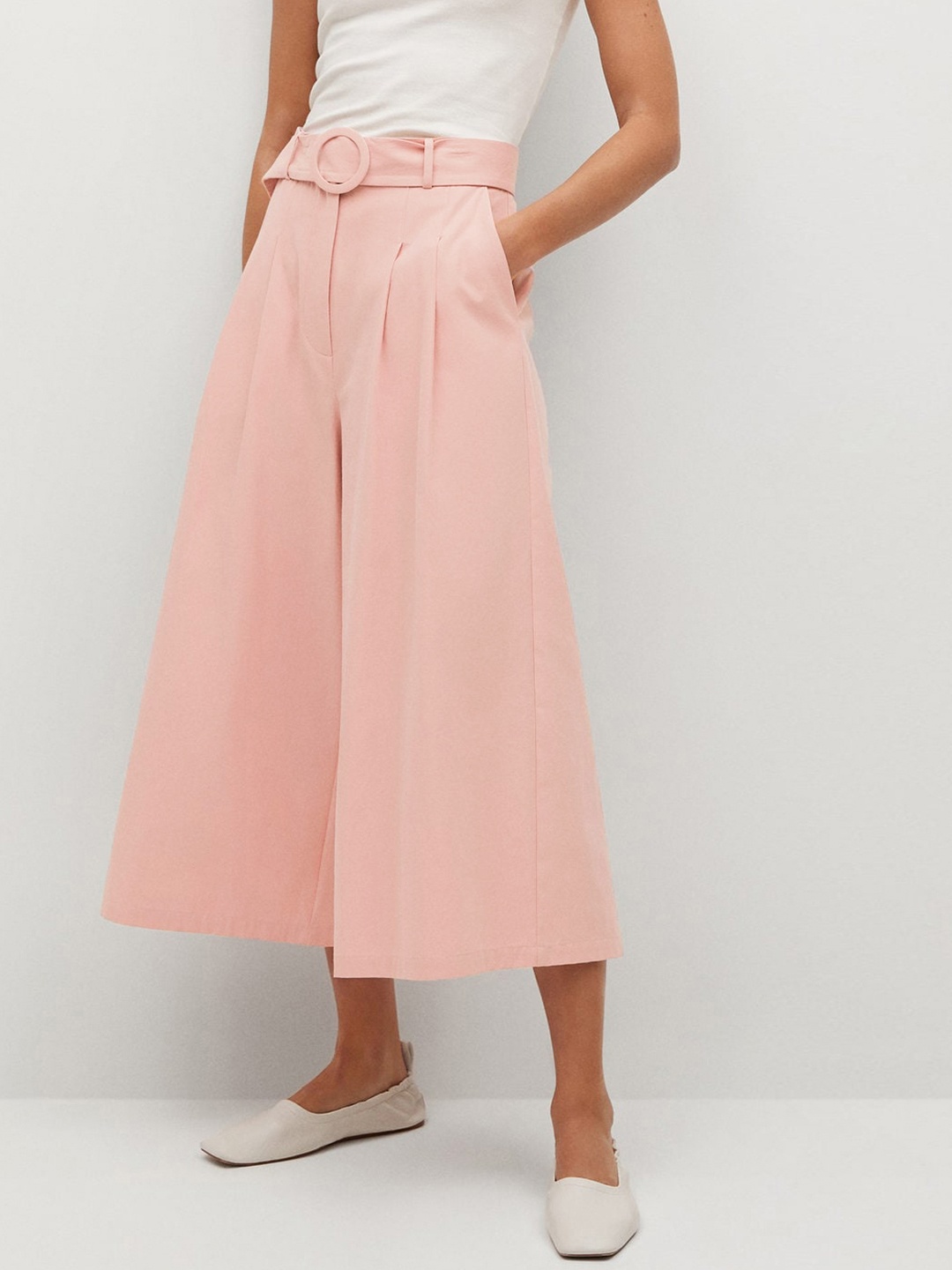 

MANGO Women Pink Regular Fit Pure Cotton Solid Pleated Flared Trousers