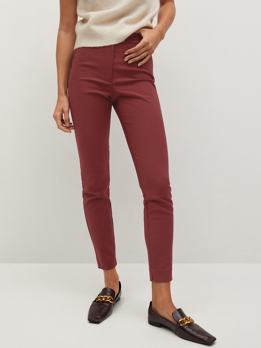 

MANGO Women Maroon RegularHigh-Rise Regular Fit Solid Cropped Trousers