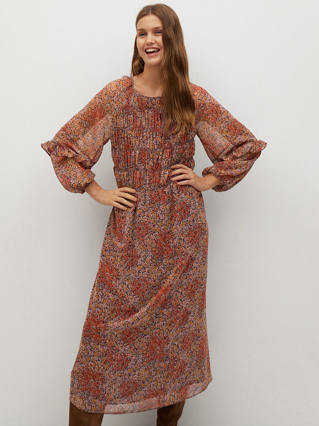 

MANGO Women Sustainable Mauve & Rust Orange Floral Print A-Line Dress