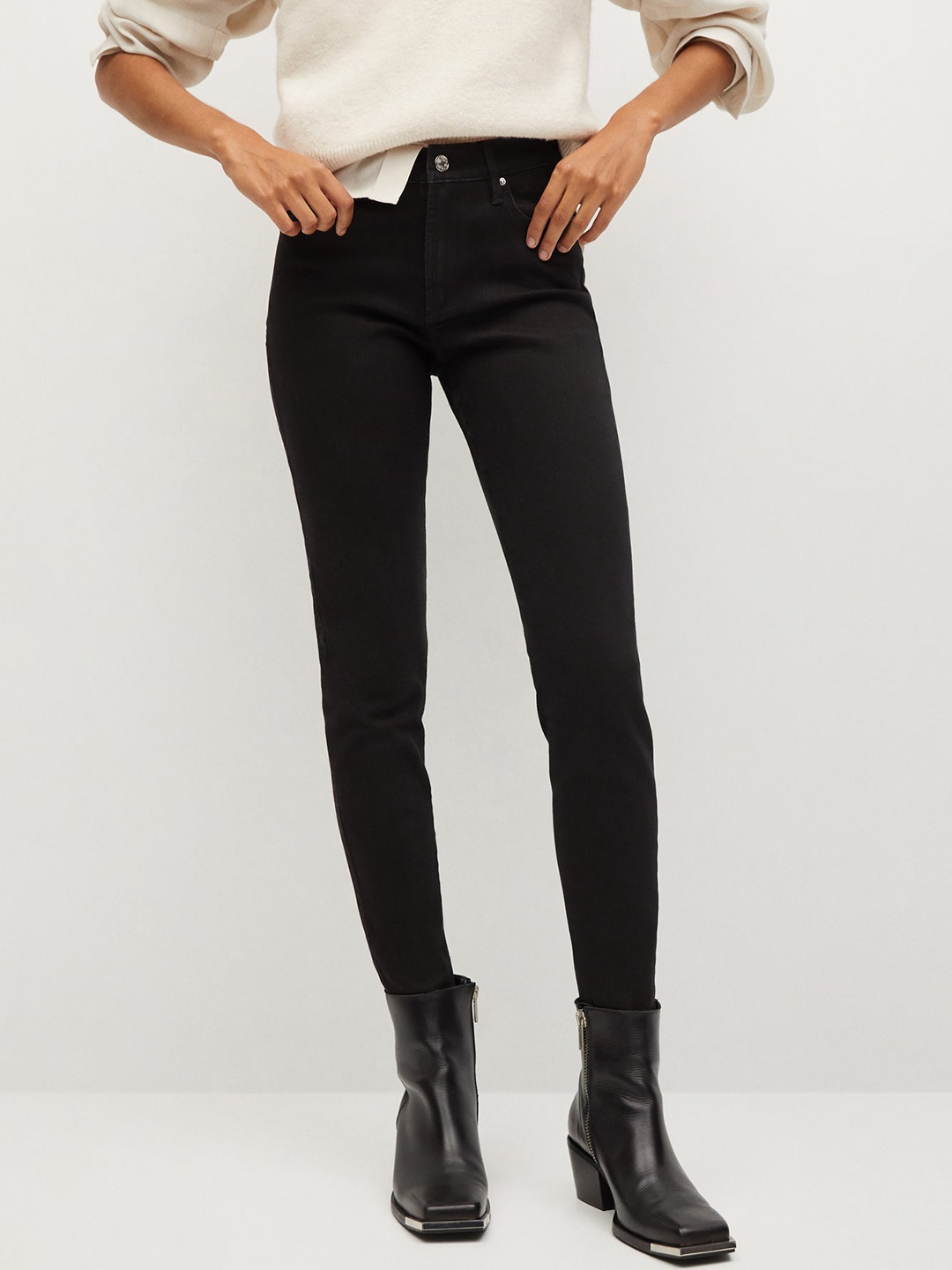 

MANGO Women Black Sustainable Cotton & Ecowash Skinny Fit Mid-Rise Clean Look Jeans