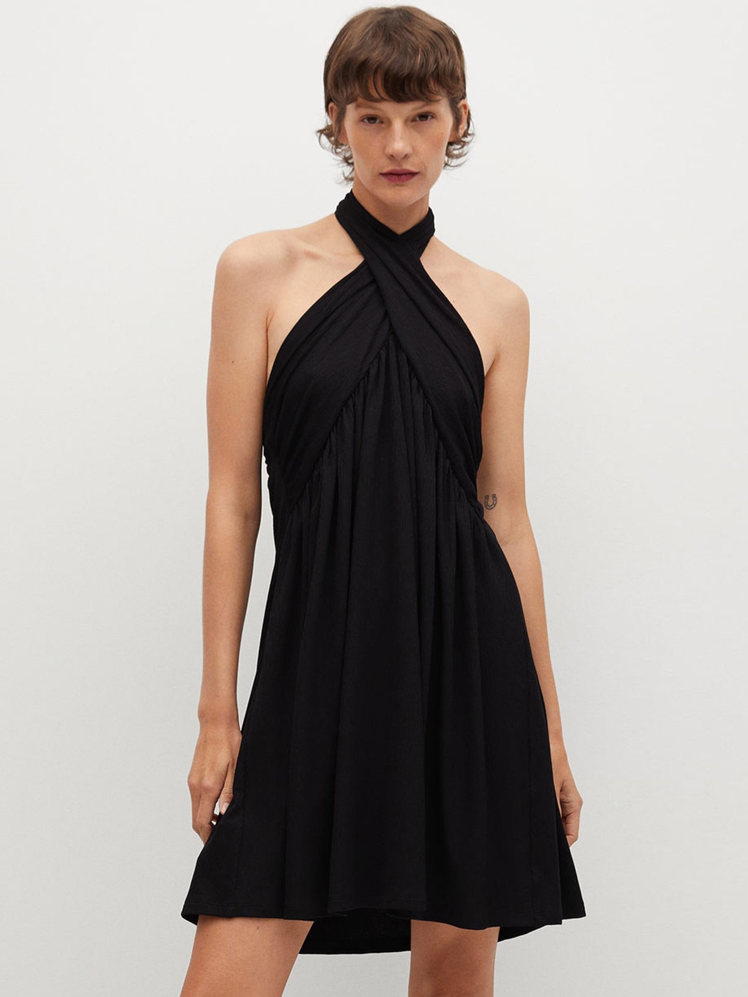 

MANGO Women Black Solid A-Line Dress with Pleated Detail