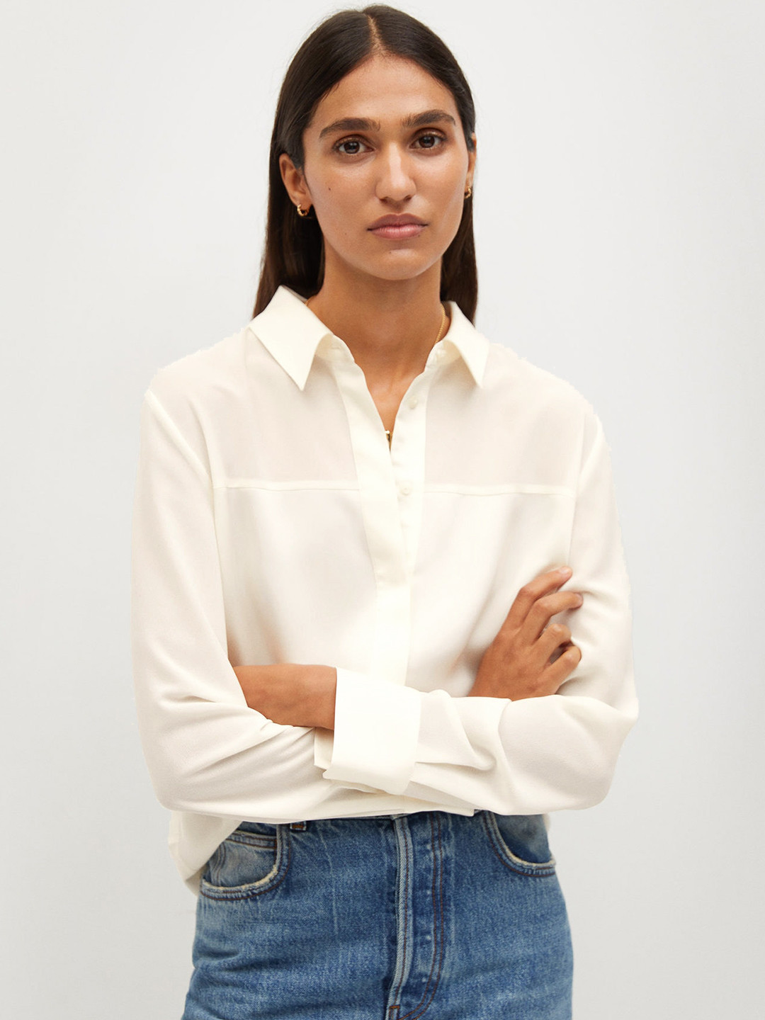 

MANGO Women Cream-Coloured Satin Finish Regular Fit Solid Casual Shirt