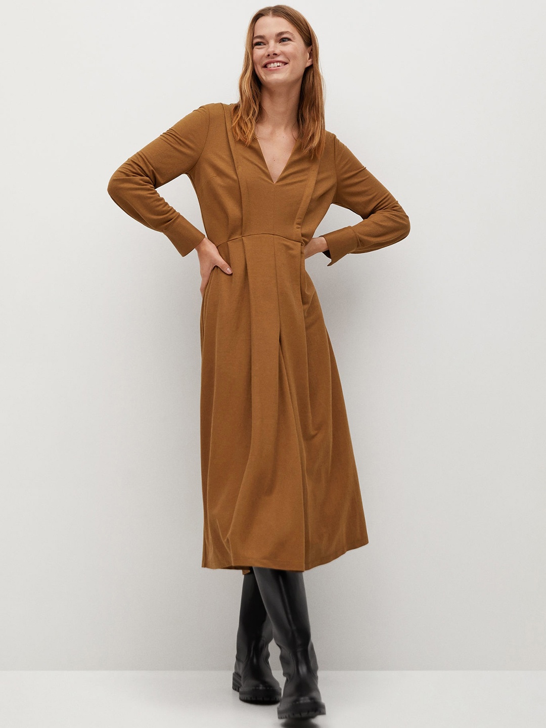 

MANGO Women Brown Solid Sustainable A-Line Midi Dress