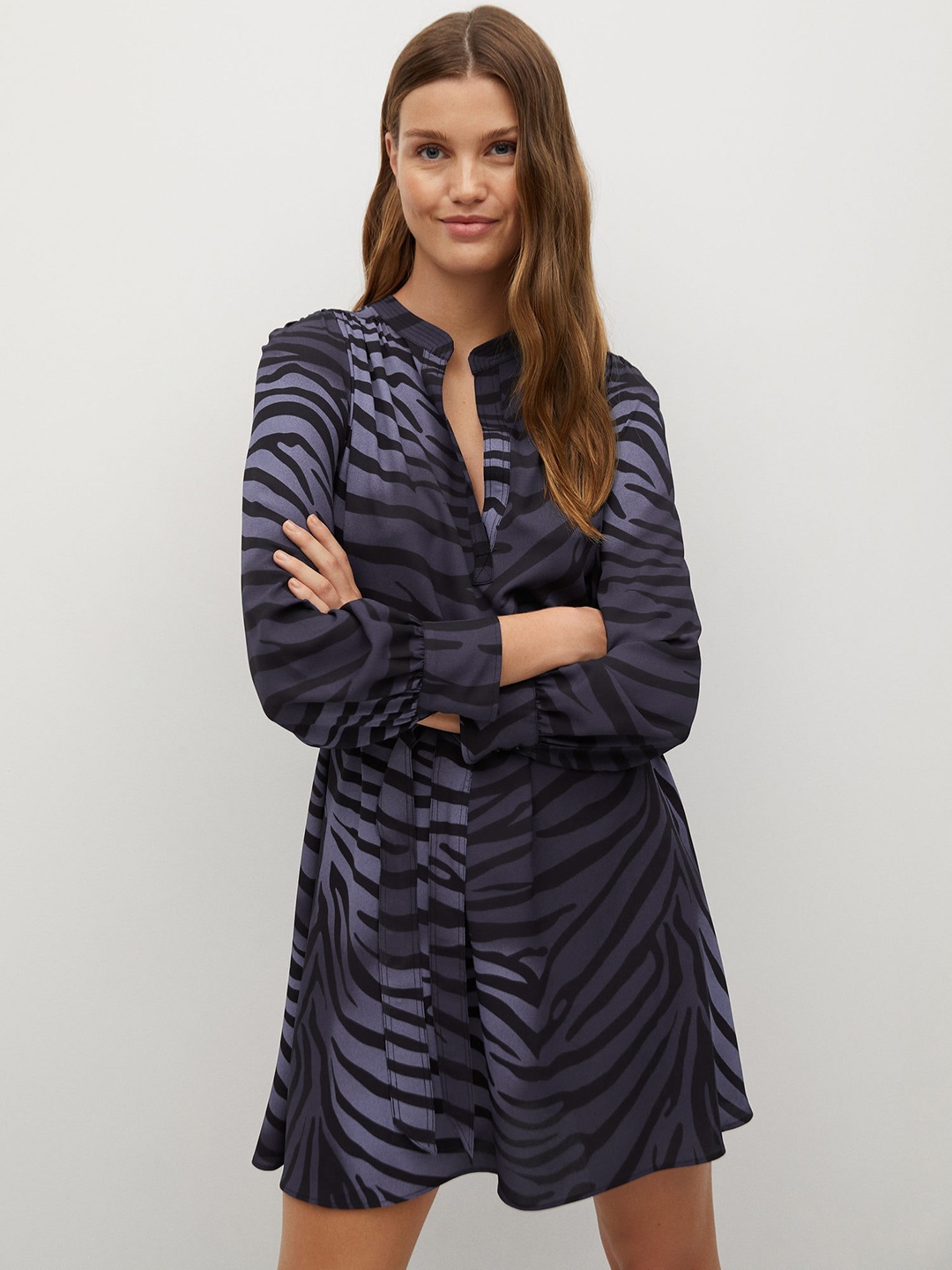 

MANGO Women Purple & Black Zebra Print Sustainable A-Line Dress With Belt