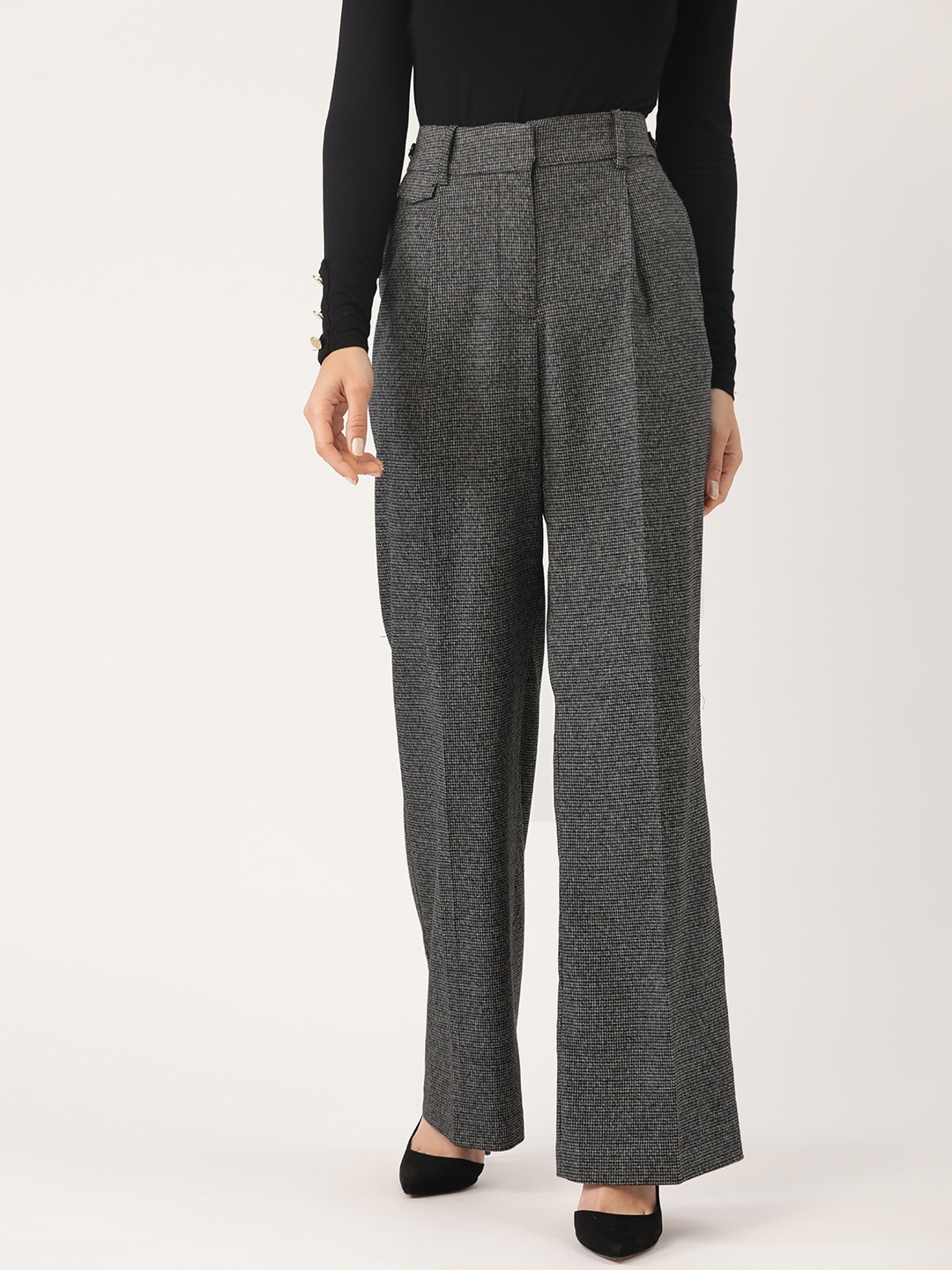 

MANGO Women Black & White Knitted Houndstooth Smart Casual Parallel Trousers