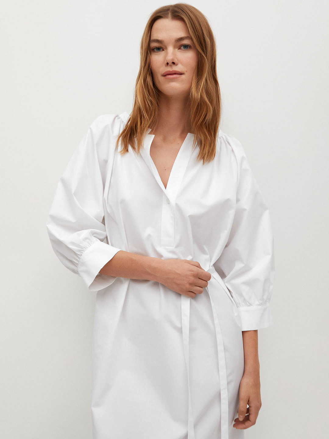 

MANGO Women White Solid Pure Cotton A-Line Dress