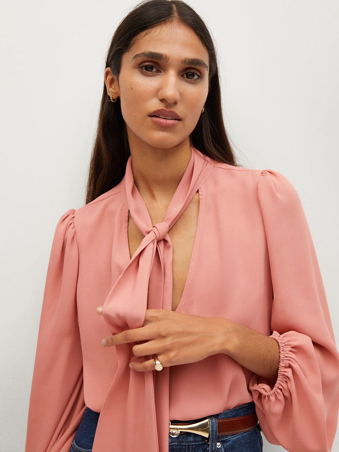 

MANGO Women Pink Solid Top With Tie-Ups & Puff Sleeves