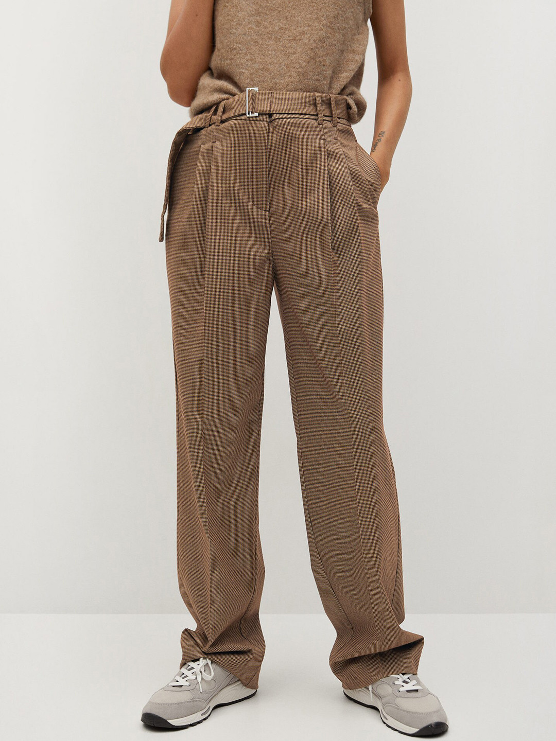 

MANGO Women Brown Regular Fit Checked Parallel Trousers