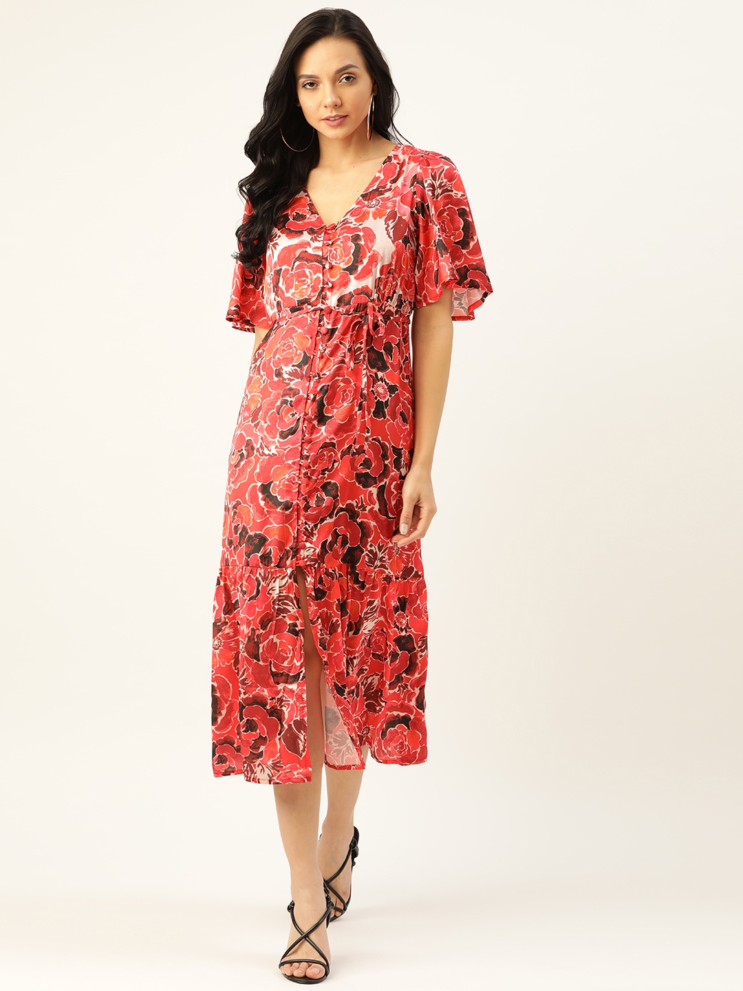 

MANGO Women Coral Pink & White Floral Print A-Line Dress