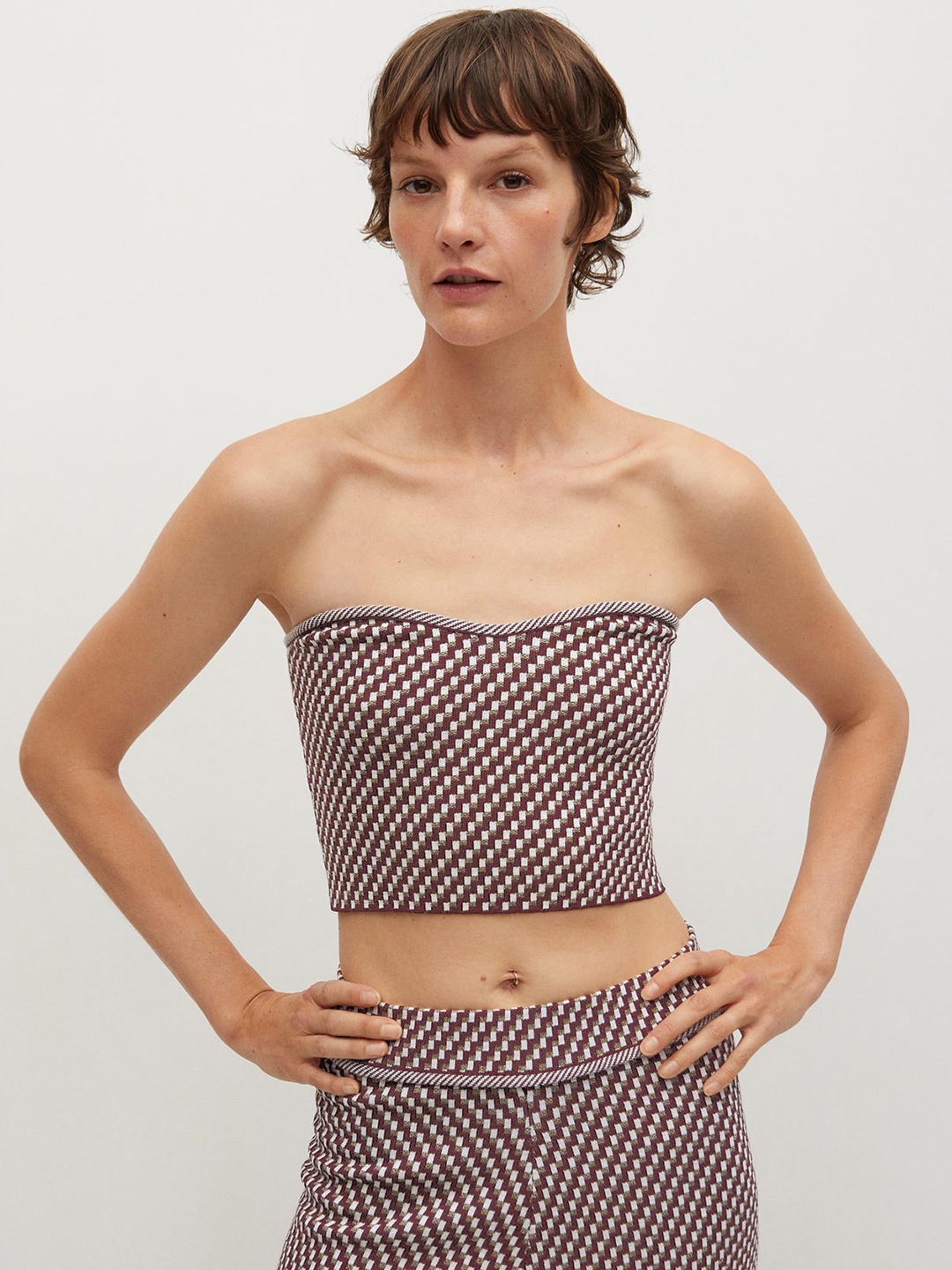 

MANGO Women Burgundy & White Geometric Patterned Tube Top