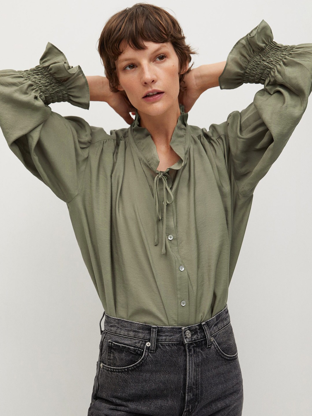 

MANGO Women Olive Green Regular Fit Solid Sustainable Casual Shirt