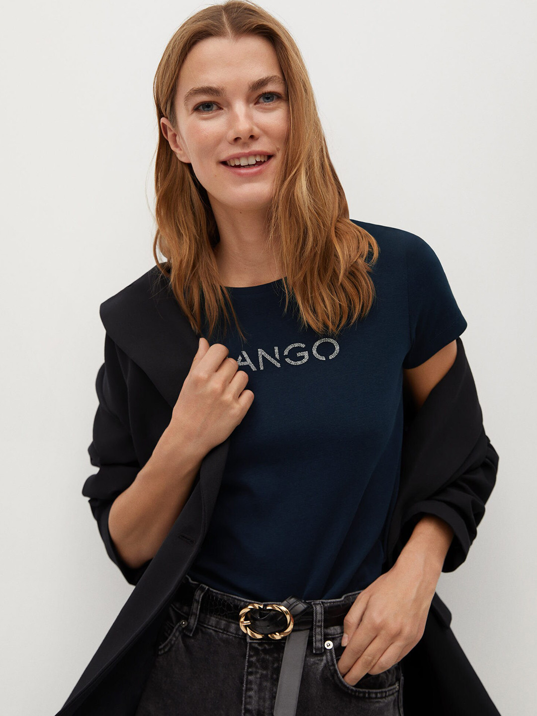 

MANGO Women Navy Blue Silver Printed Sustainable Organic Cotton T-shirt