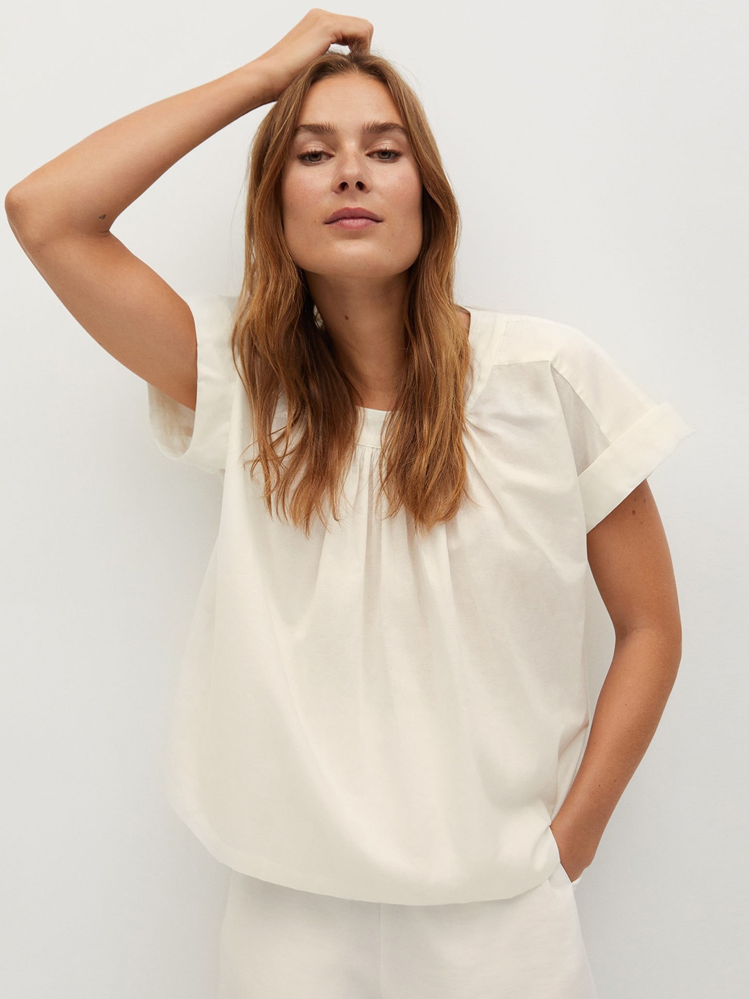 

MANGO Women Off-White Solid A-Line Top