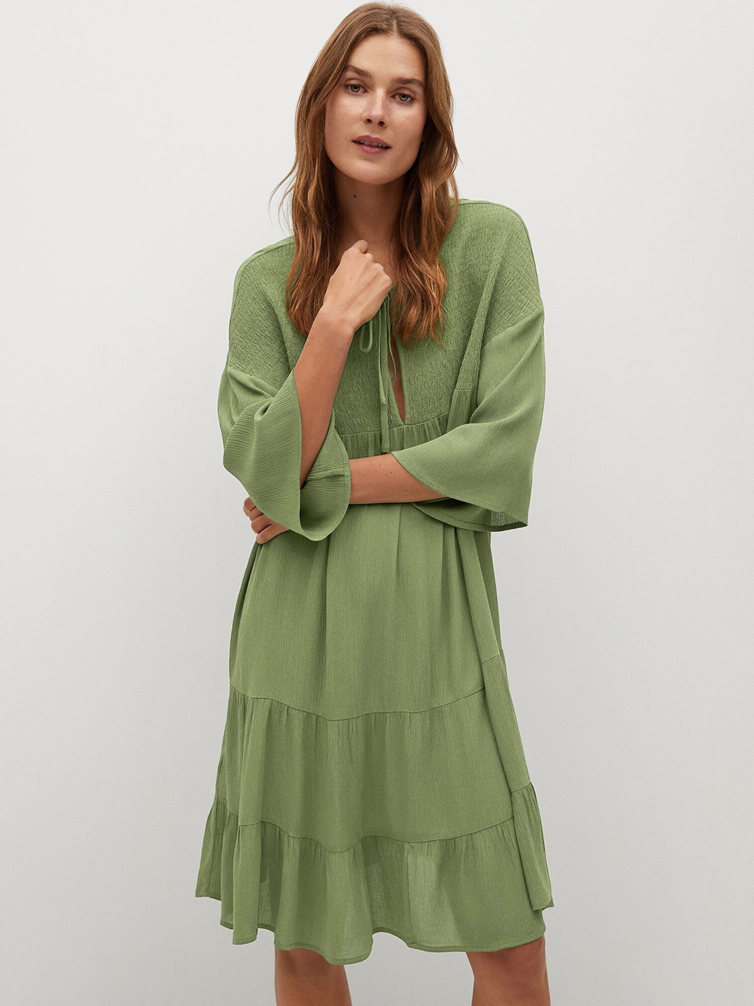 

MANGO Women Green Solid Crinkled Tiered A-Line Dress