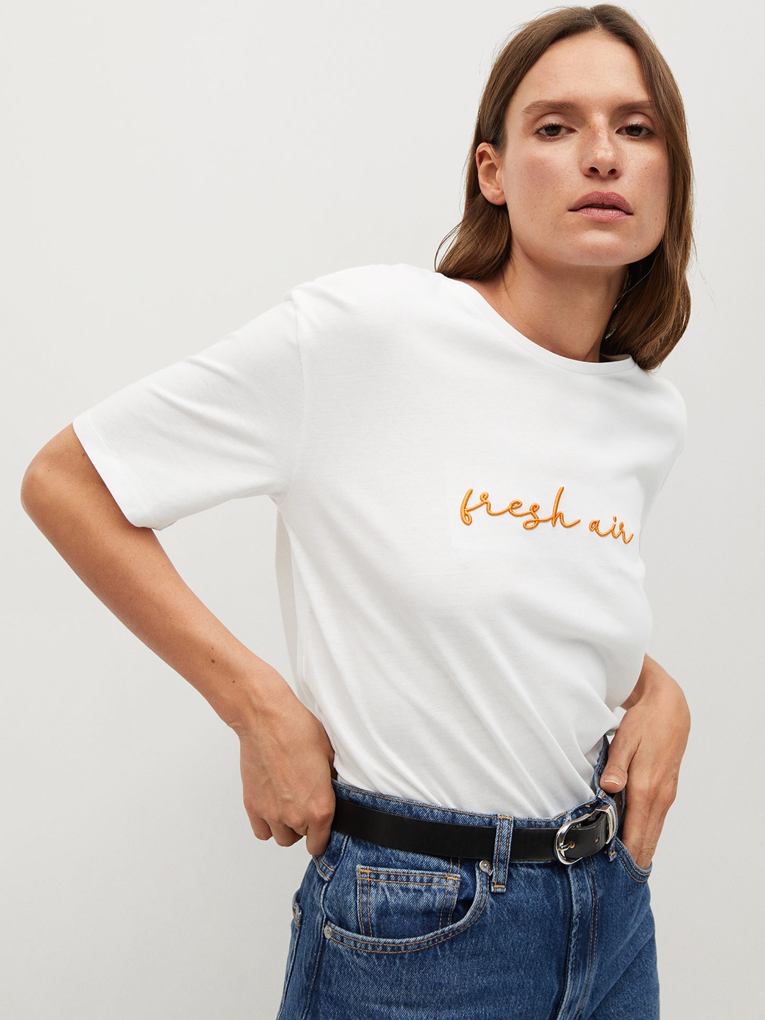 

MANGO Women White Orange Embroidered Detail Sustainable Organic Cotton T-shirt